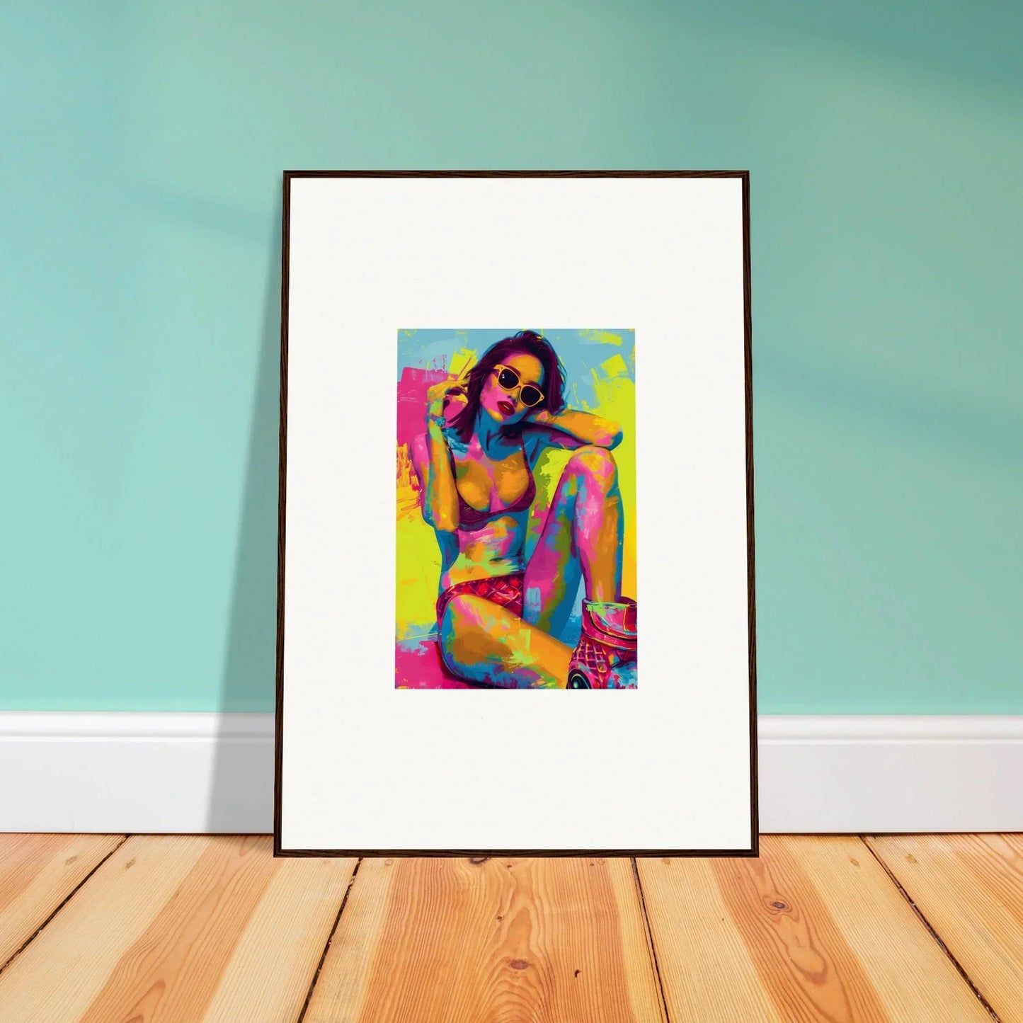 Framed colorful pop art canvas print of a sunglasses-wearing figure for room decoration