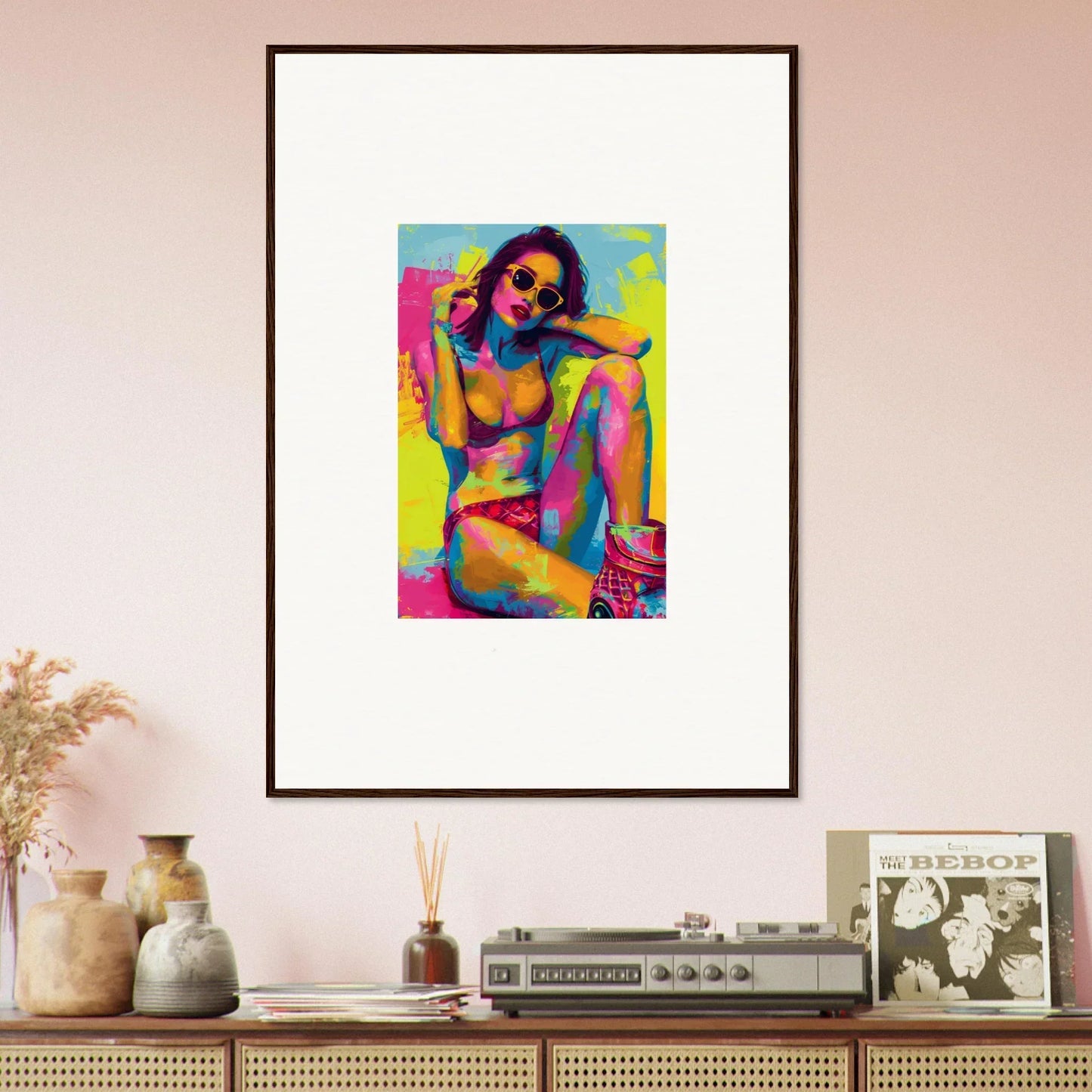 Colorful canvas print of a woman in a bikini, perfect for daydream elixirs room decoration