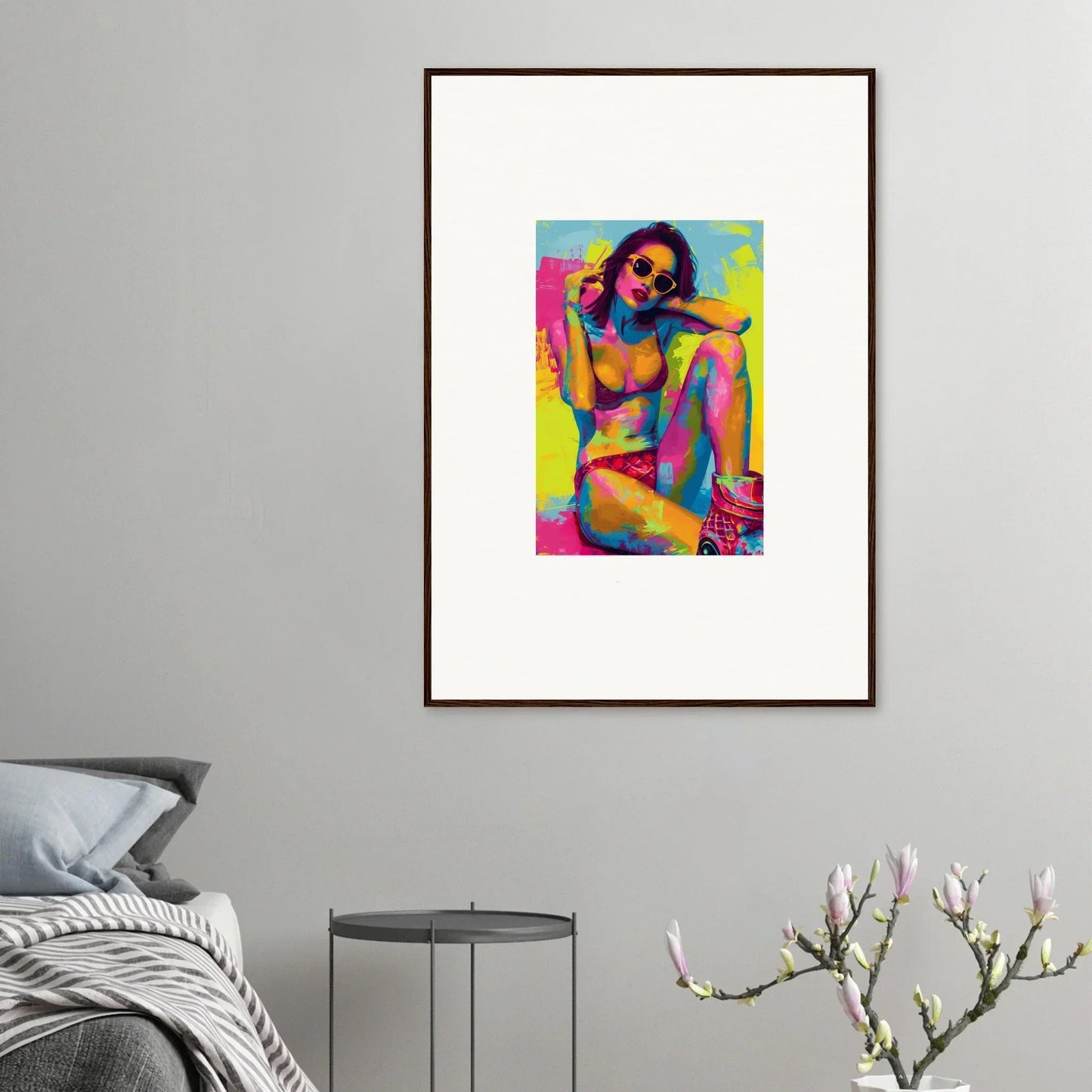 Colorful pop art-style canvas print of woman in bikini for vibrant room decoration