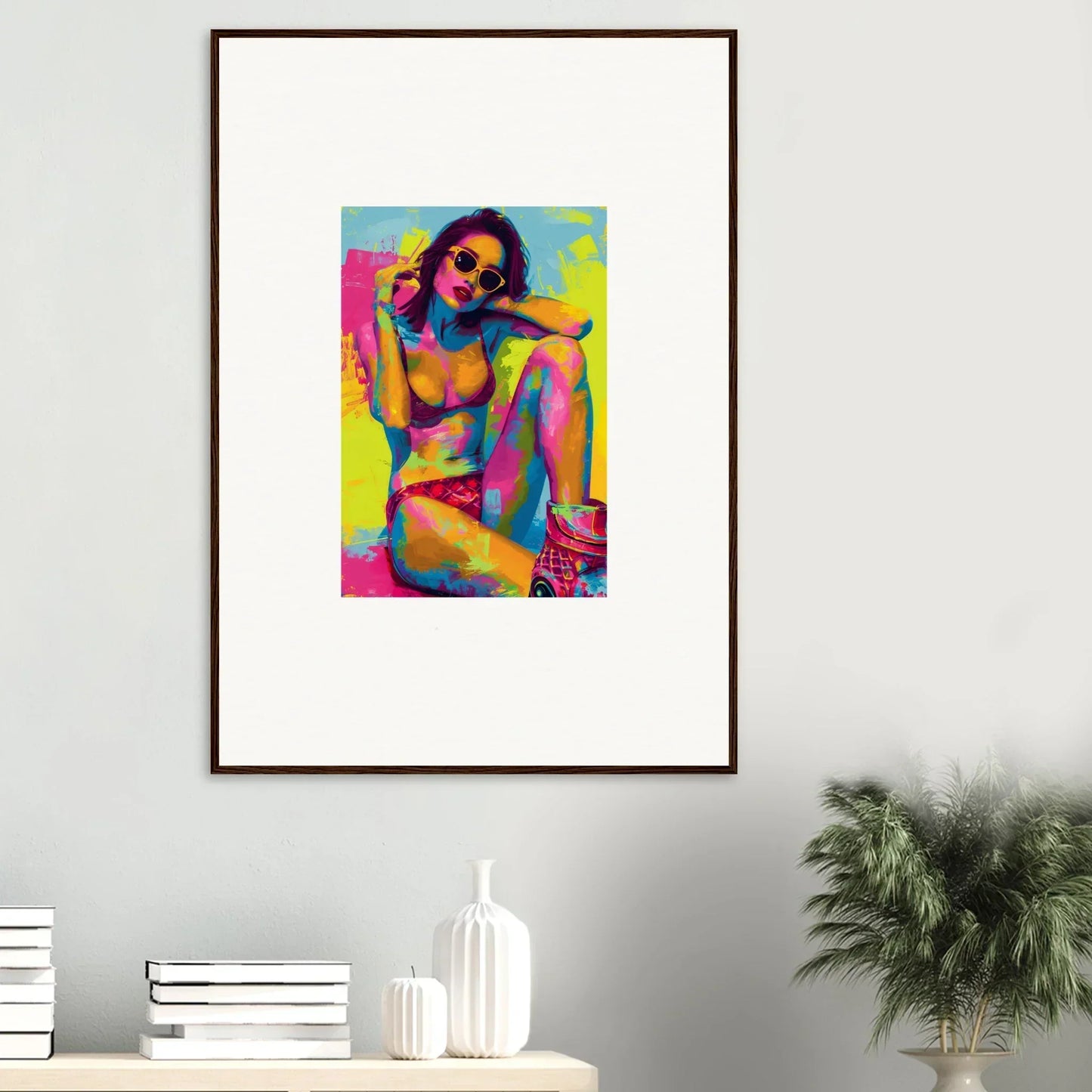 Colorful pop art canvas print of a seated figure in sunglasses for room decoration