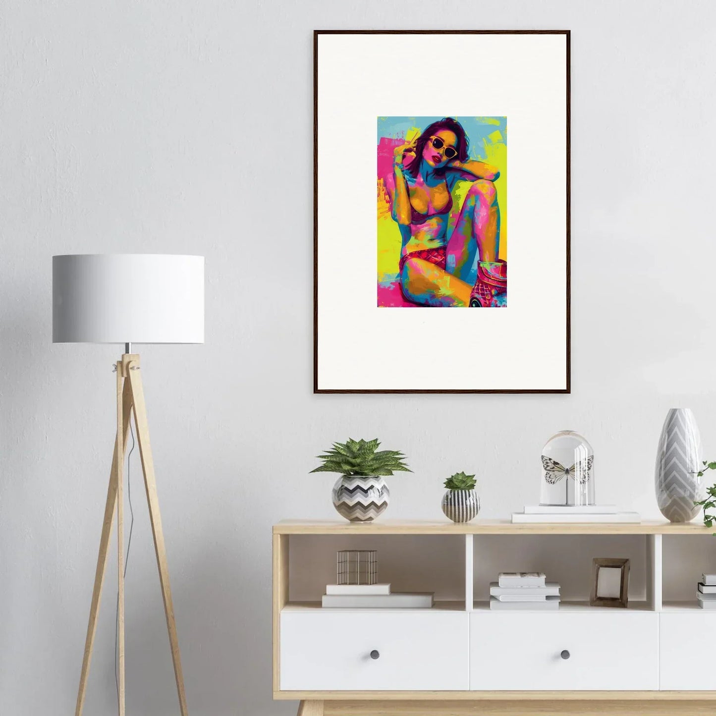 Colorful pop art portrait of a woman in a bikini for vibrant room decoration