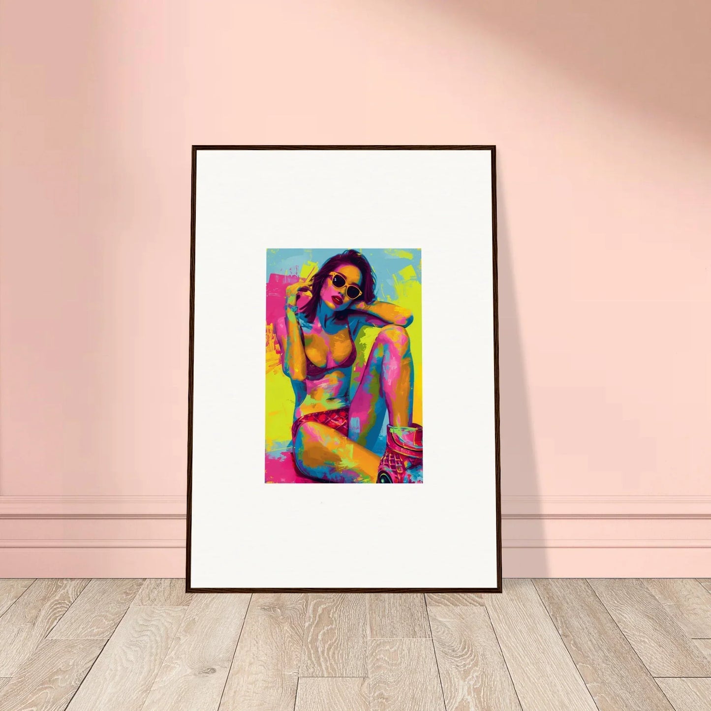 Framed colorful abstract portrait of a figure in sunglasses for vibrant room decoration