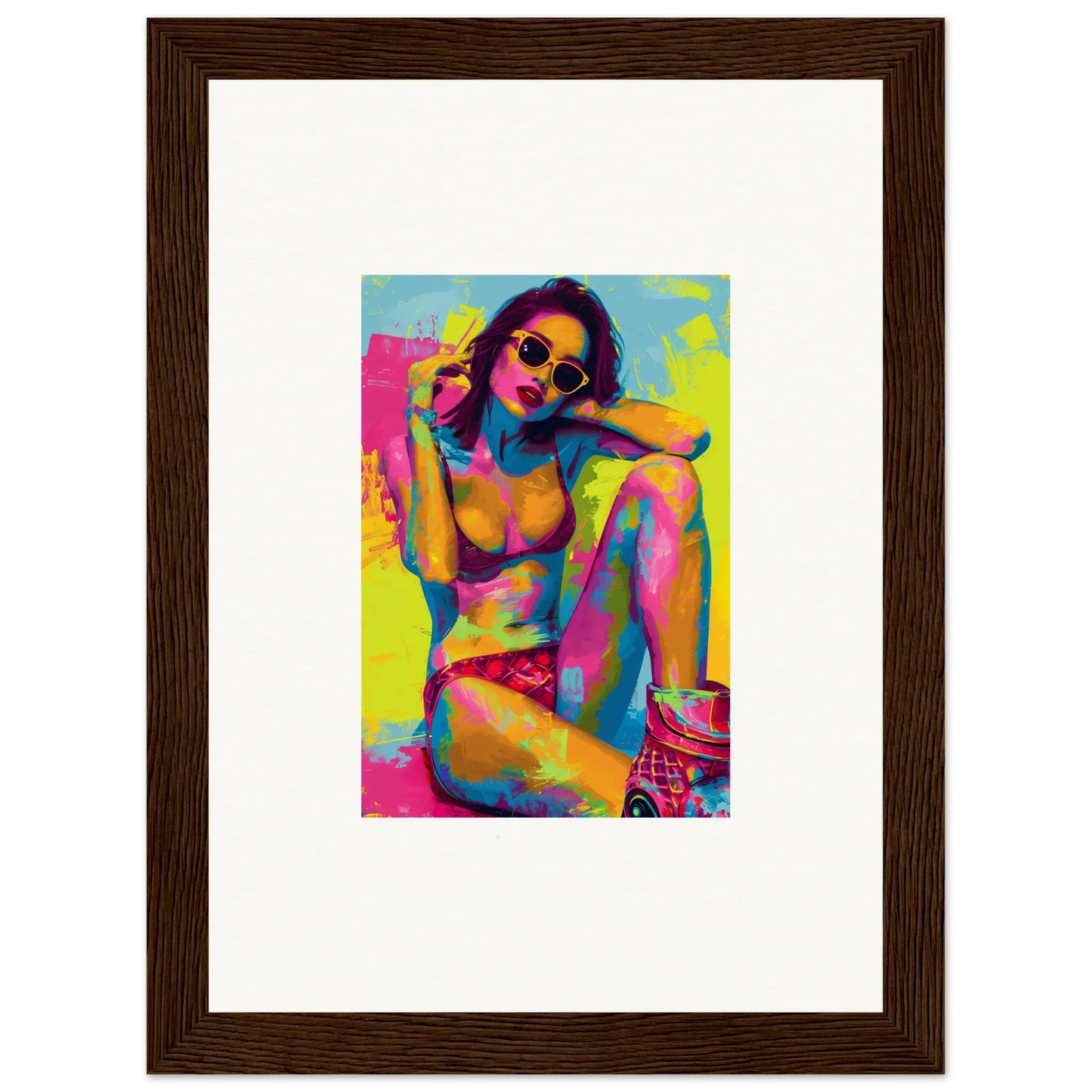 Colorful pop art portrait of a woman in sunglasses as a fun canvas print for daydream elixirs