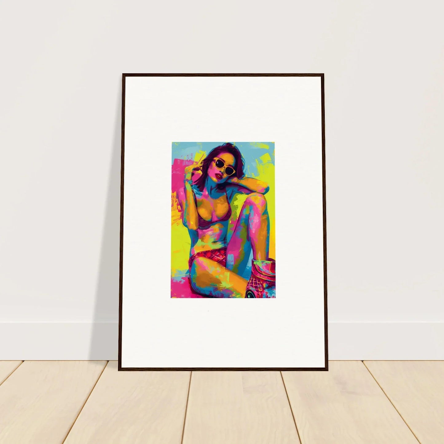 Framed pop art-style canvas print of a woman for vibrant room decoration with Daydream Elixirs