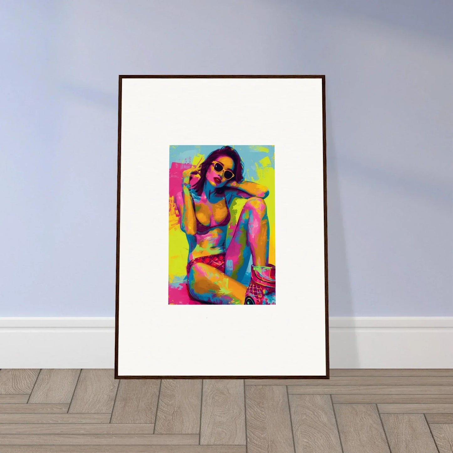 Framed colorful pop art canvas print of a woman in sunglasses for fun room decoration