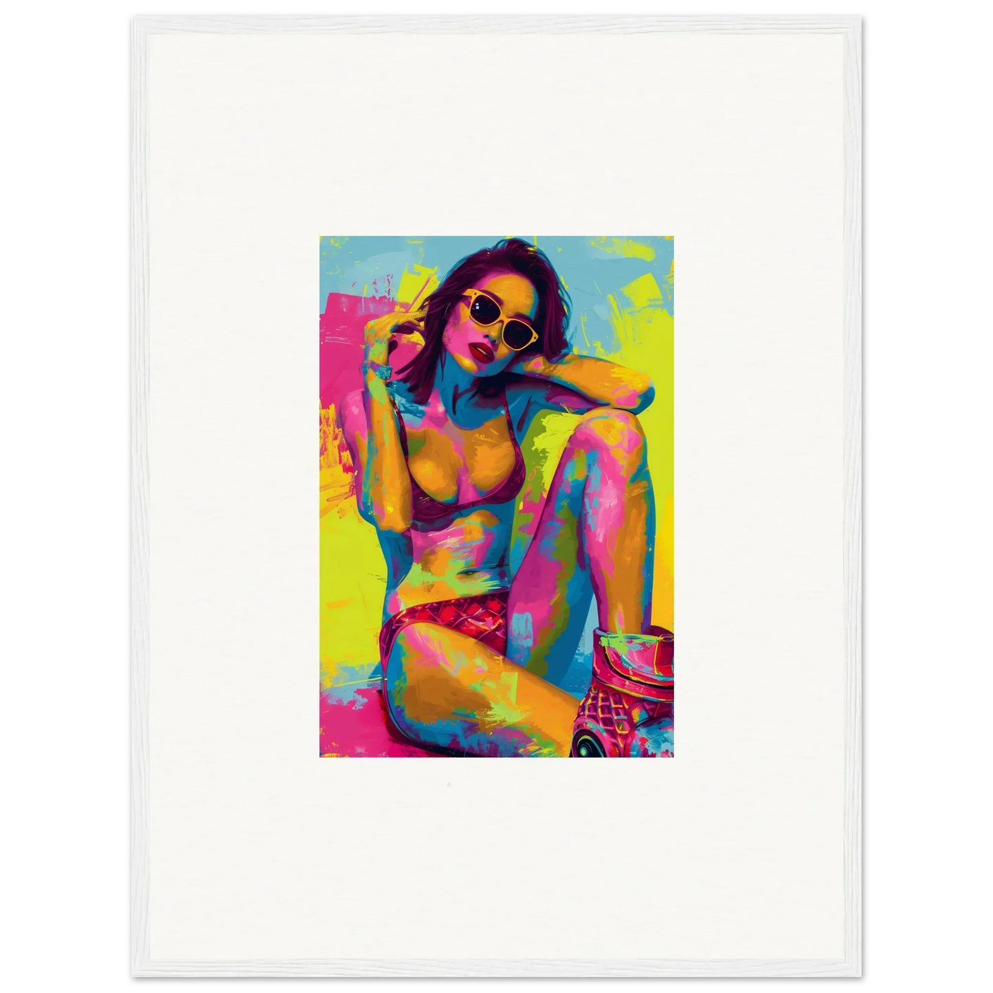 Colorful pop art portrait of a woman rocking sunglasses in swimwear, perfect for daydream elixirs canvas print