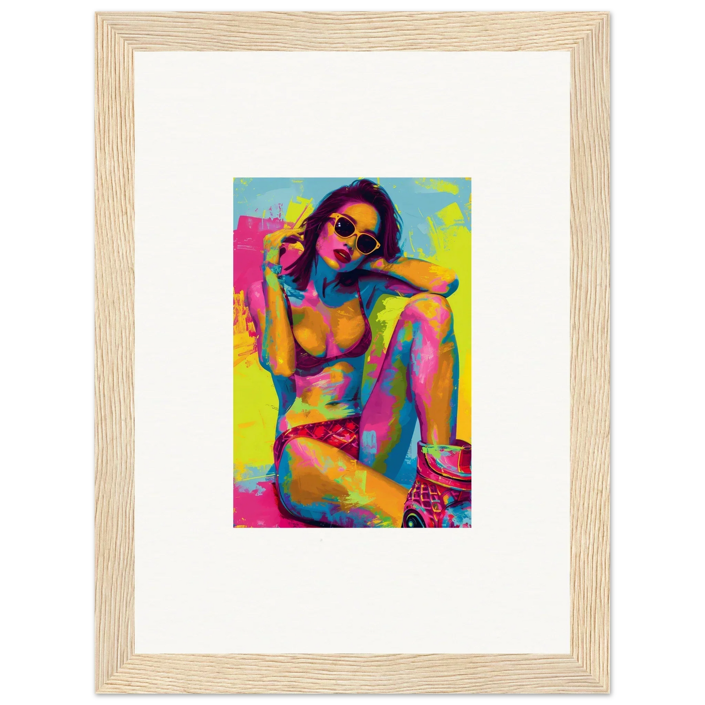 Colorful pop art portrait of a woman in sunglasses, perfect for daydream elixirs decor