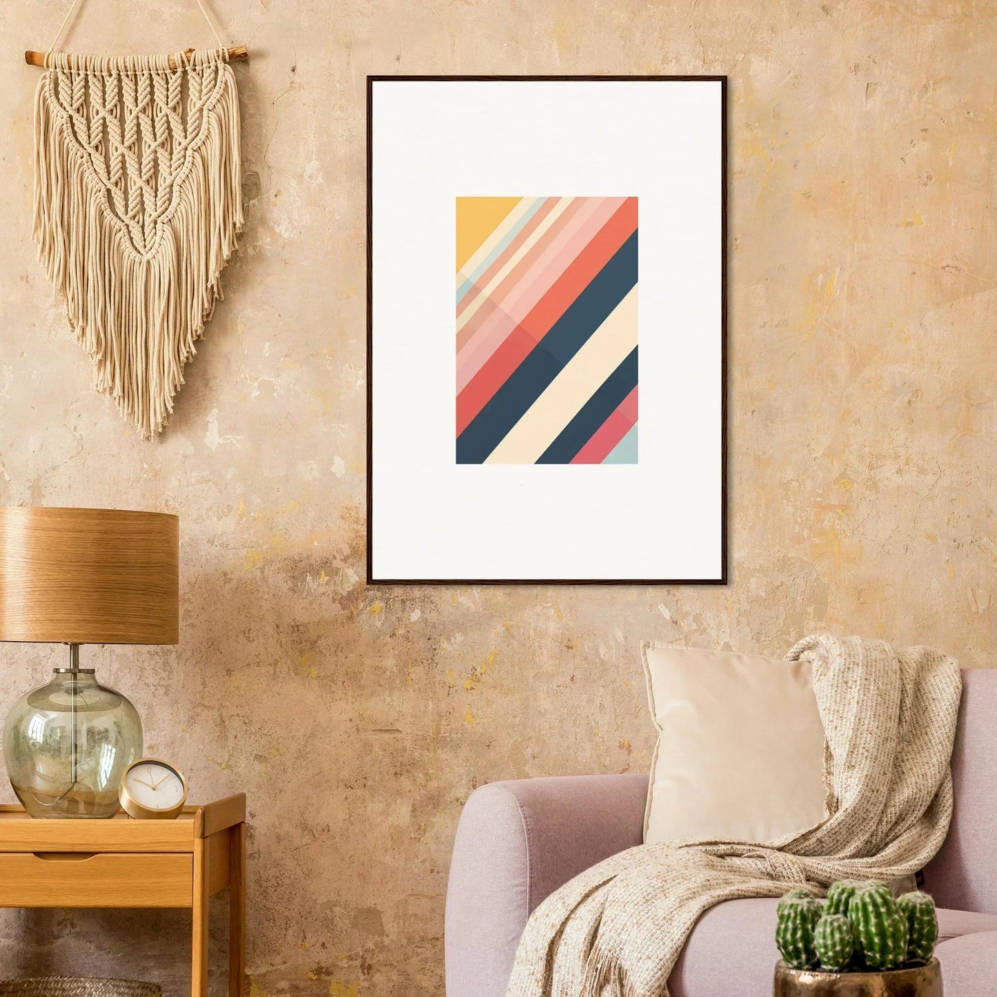 Framed wall art with diagonal stripes in muted colors for modern room decor, essence shift
