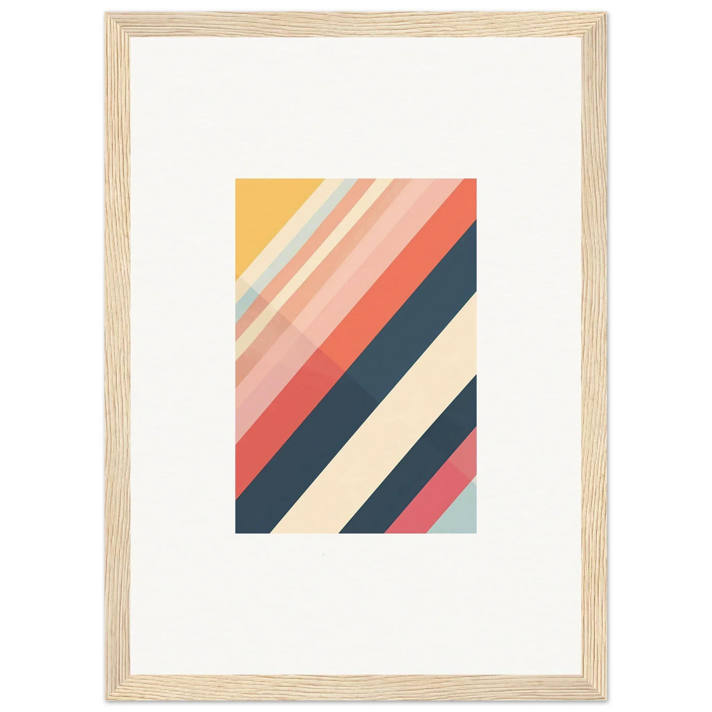 Framed wall art featuring abstract diagonal stripes in warm and cool colors for room decor