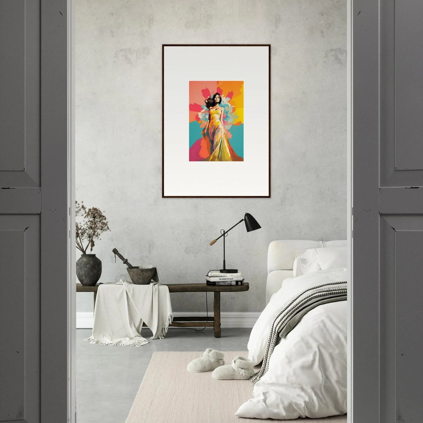 Framed wall art of a figure in a yellow sari from Chromatic Evolutionary Reverie
