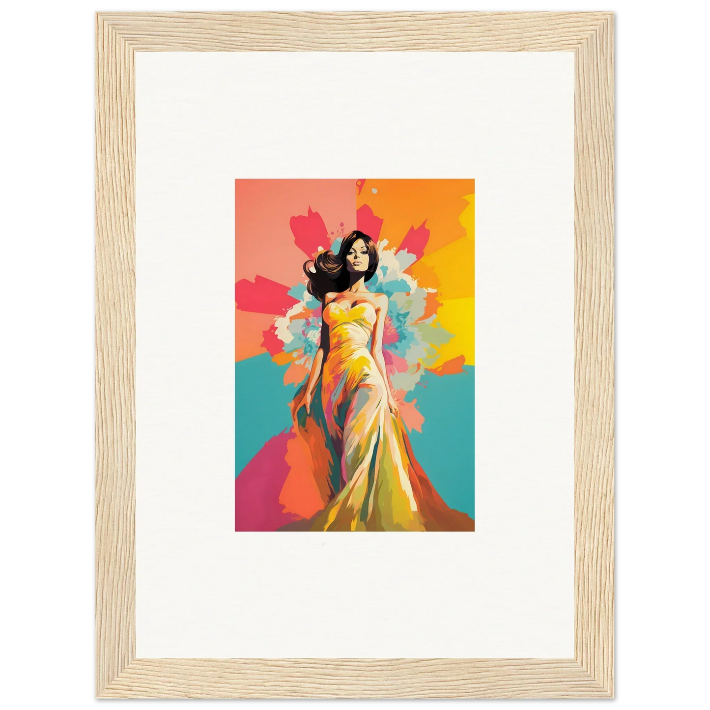Colorful framed wall art of a figure in a yellow gown from Chromatic Evolutionary Reverie