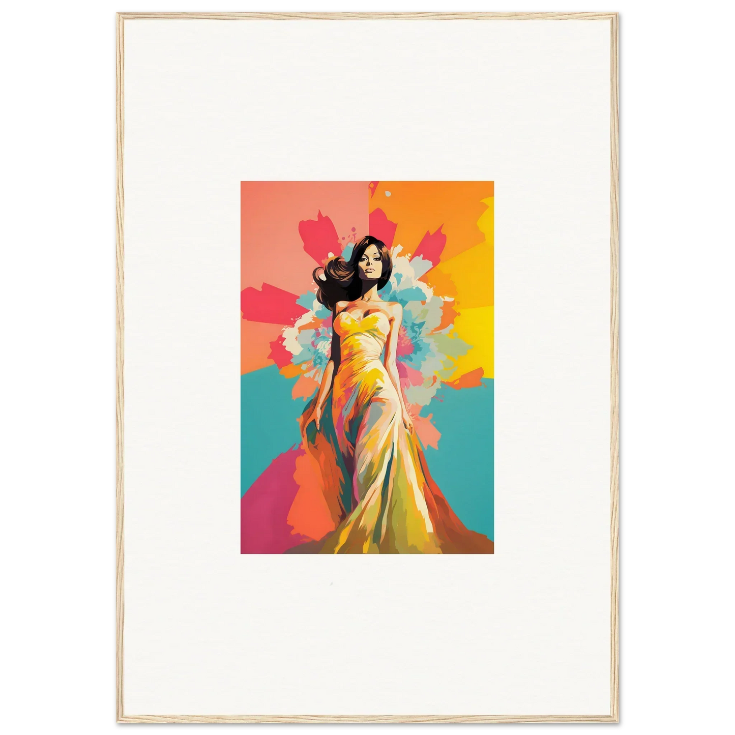 Vibrant figure in yellow gown surrounded by colors in Chromatic Evolutionary Reverie art