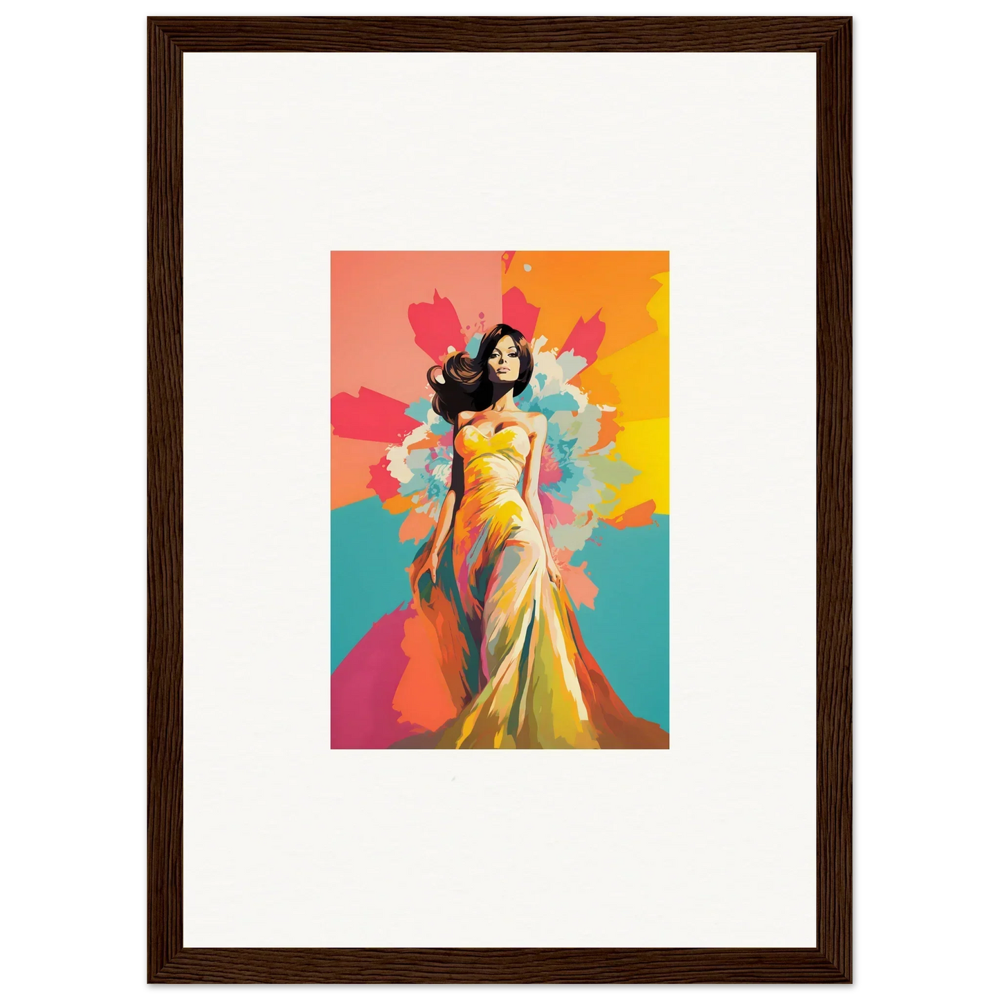 Vibrant figure in yellow gown amidst splashes in Chromatic Evolutionary Reverie art