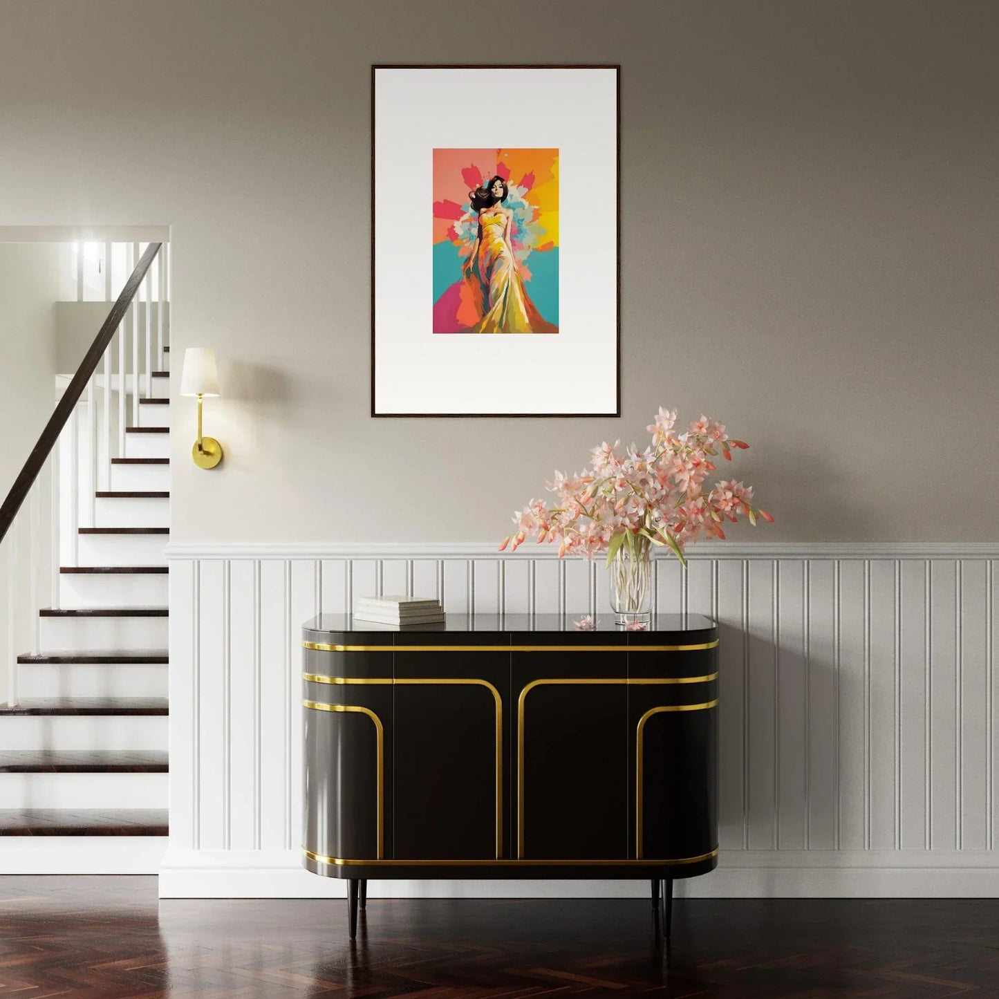 Art Deco black credenza with gold trim, part of the Chromatic Evolutionary Reverie collection