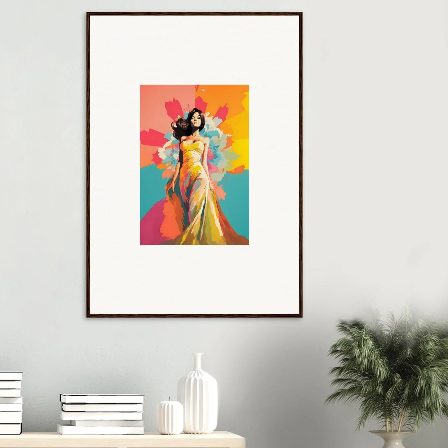 Framed wall art of a colorful figure in a yellow dress from Chromatic Evolutionary Reverie