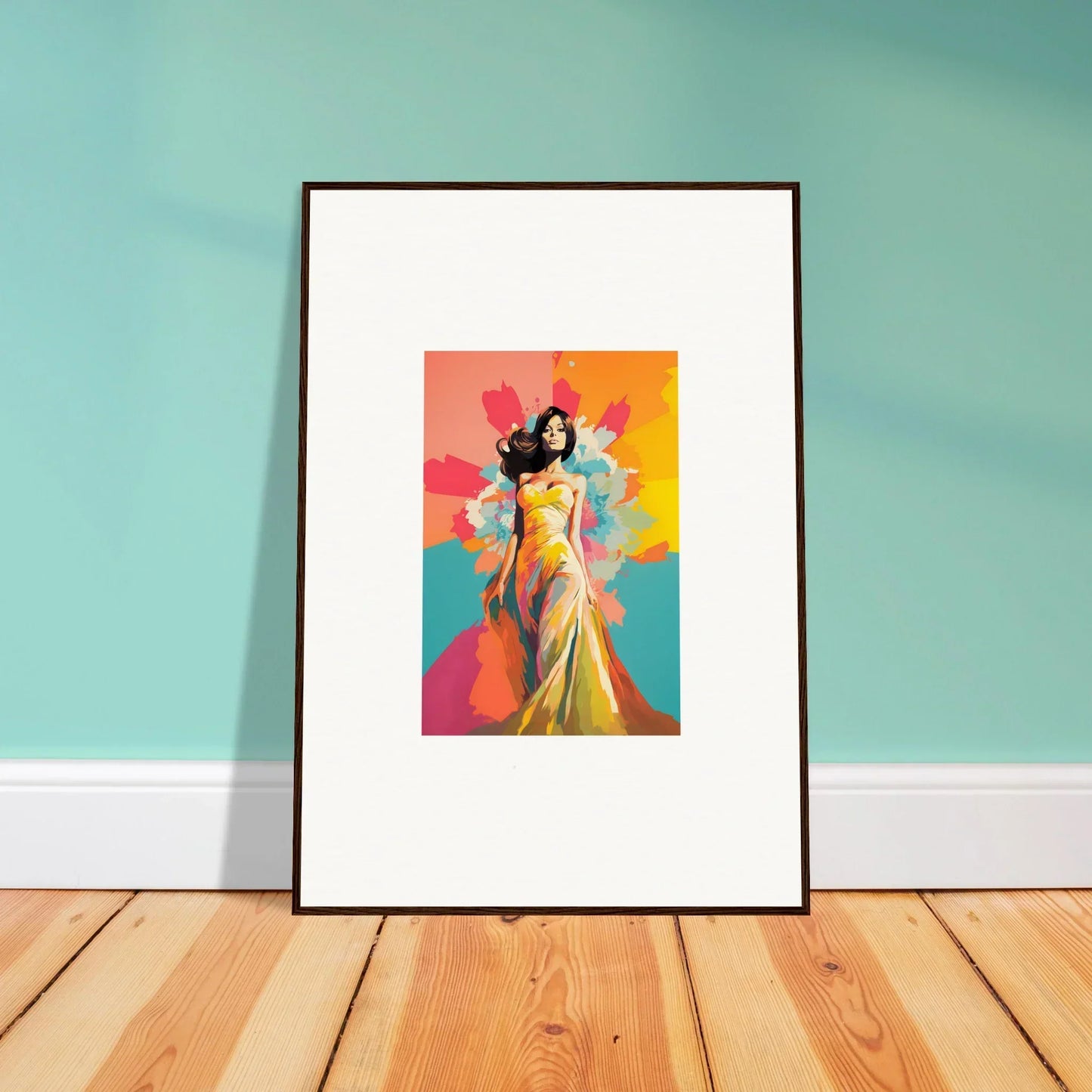 Framed wall art of a figure in a yellow dress from Chromatic Evolutionary Reverie
