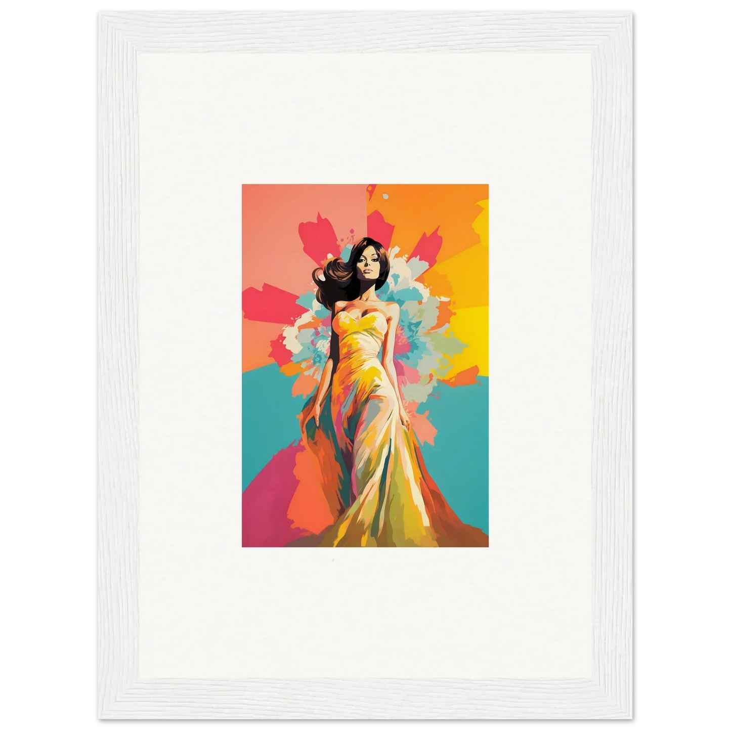 Colorful figure in yellow gown amidst vibrant paint splashes for Chromatic Evolutionary Reverie