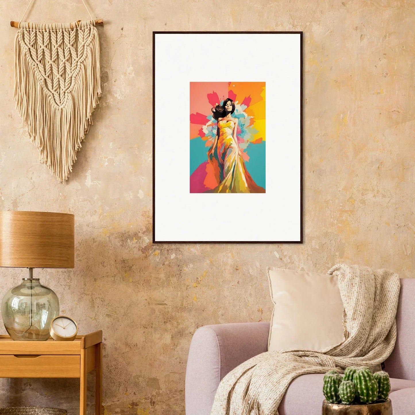 Framed wall art of a figure in a yellow dress in Chromatic Evolutionary Reverie