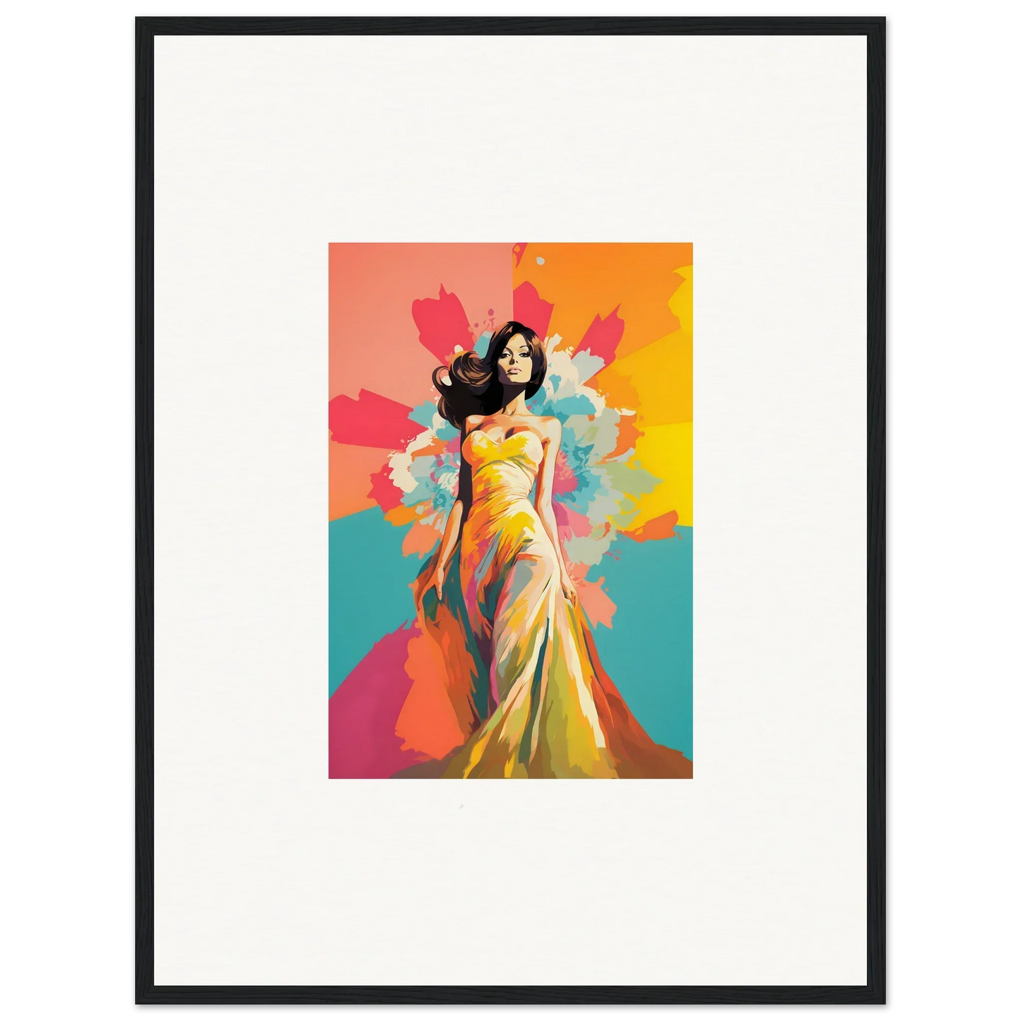 A woman in a yellow gown amidst vibrant splashes, part of Chromatic Evolutionary Reverie