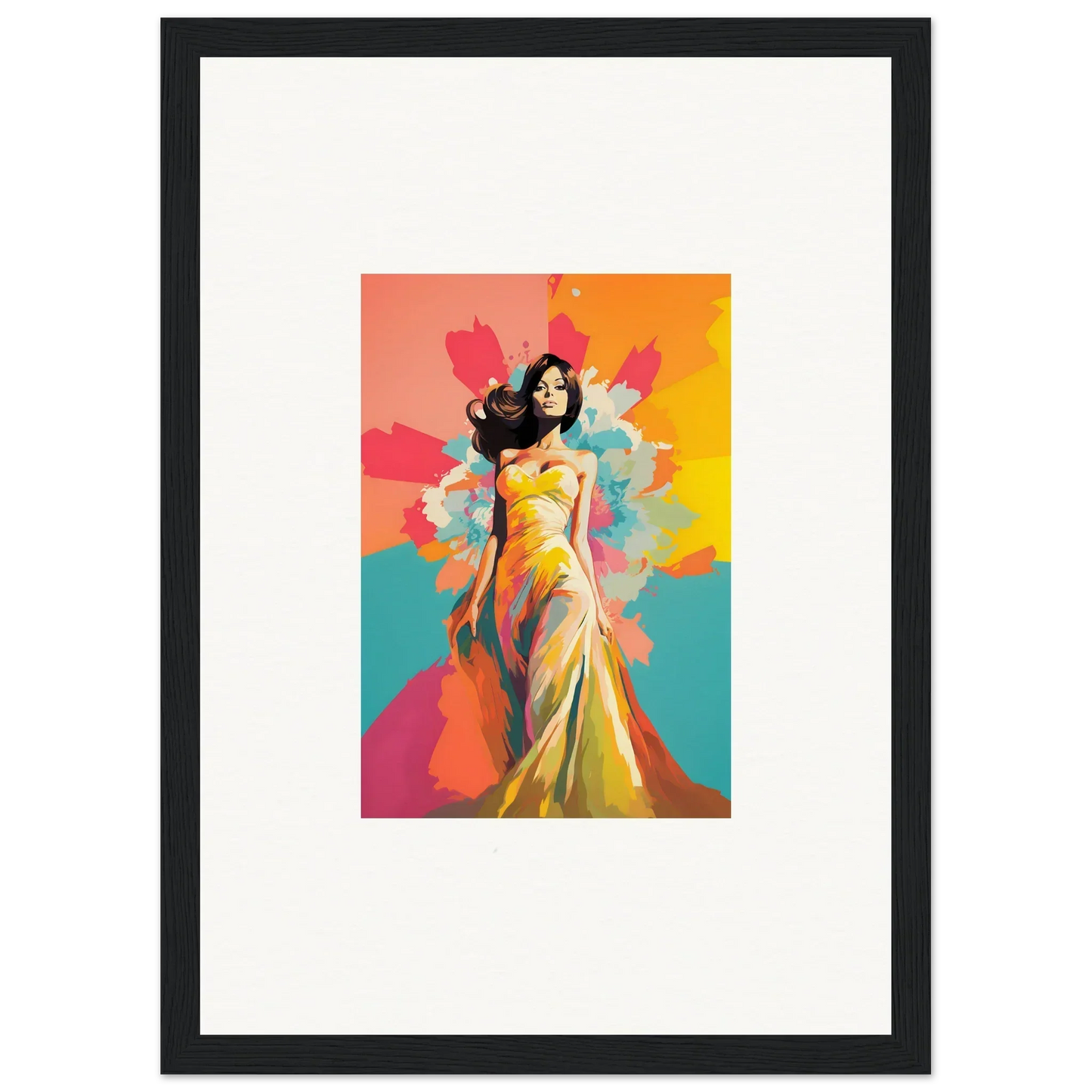 Flowing yellow gown figure with vibrant colors in Chromatic Evolutionary Reverie art