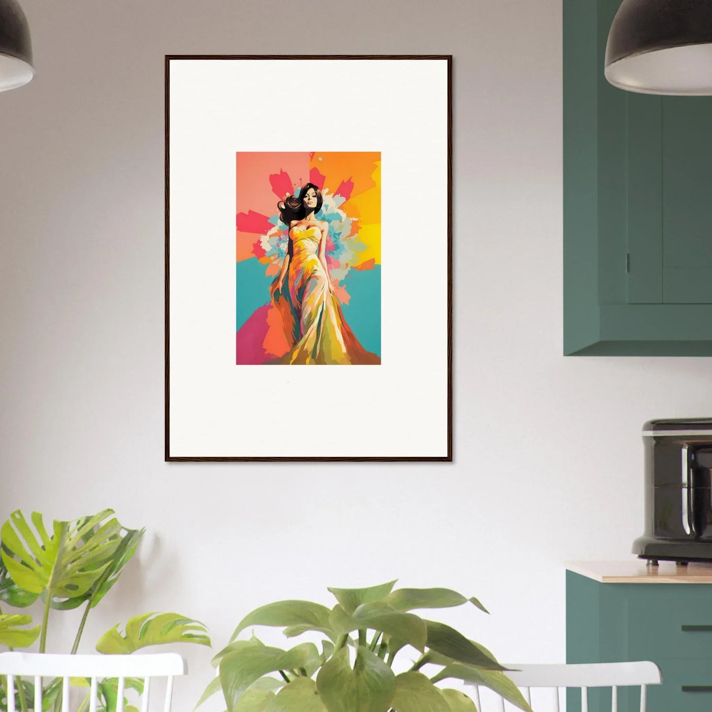 Framed wall art of a figure in a yellow sari in Chromatic Evolutionary Reverie design