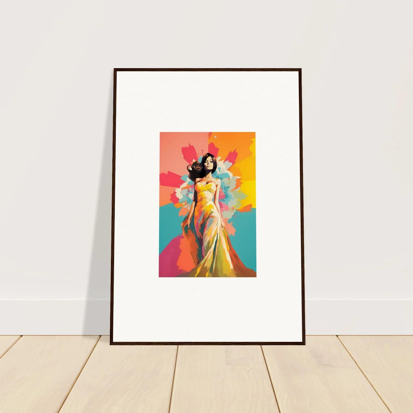 Framed wall art of a figure in a yellow sari from Chromatic Evolutionary Reverie