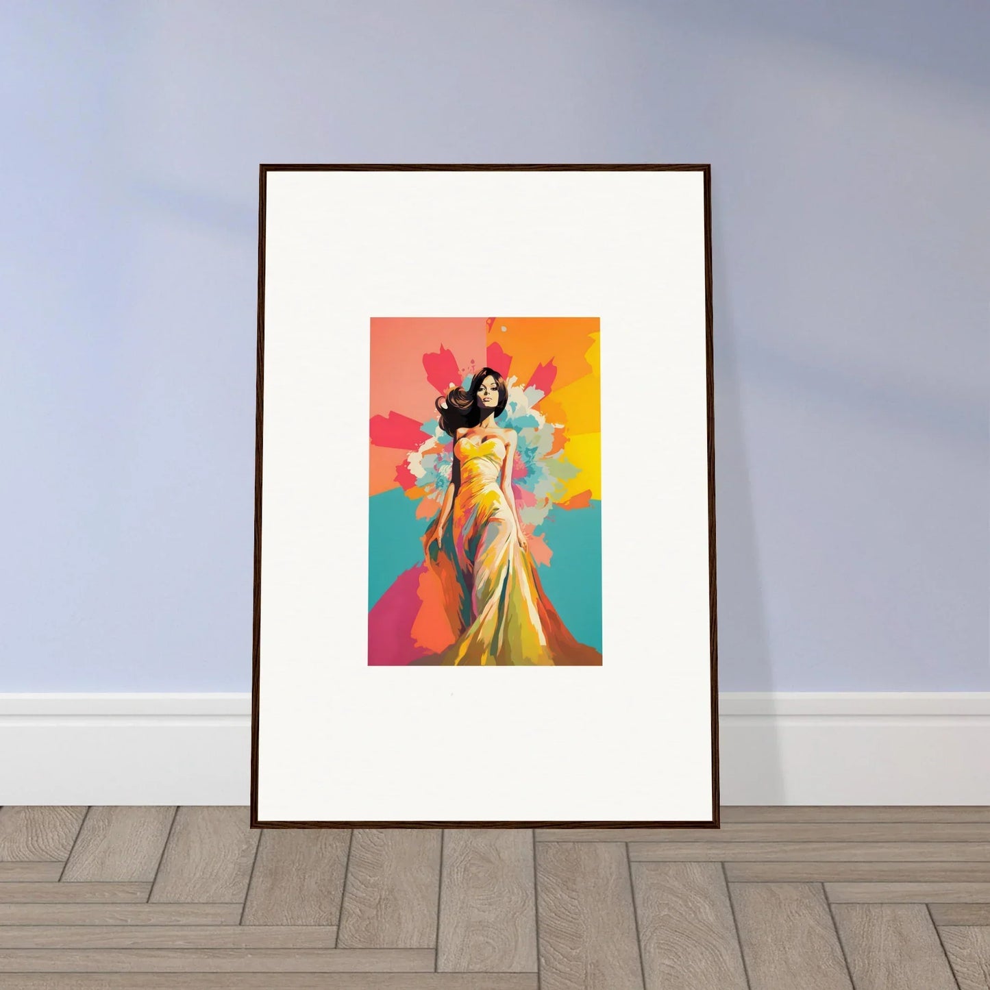 Framed wall art of Chromatic Evolutionary Reverie with a figure in a yellow dress