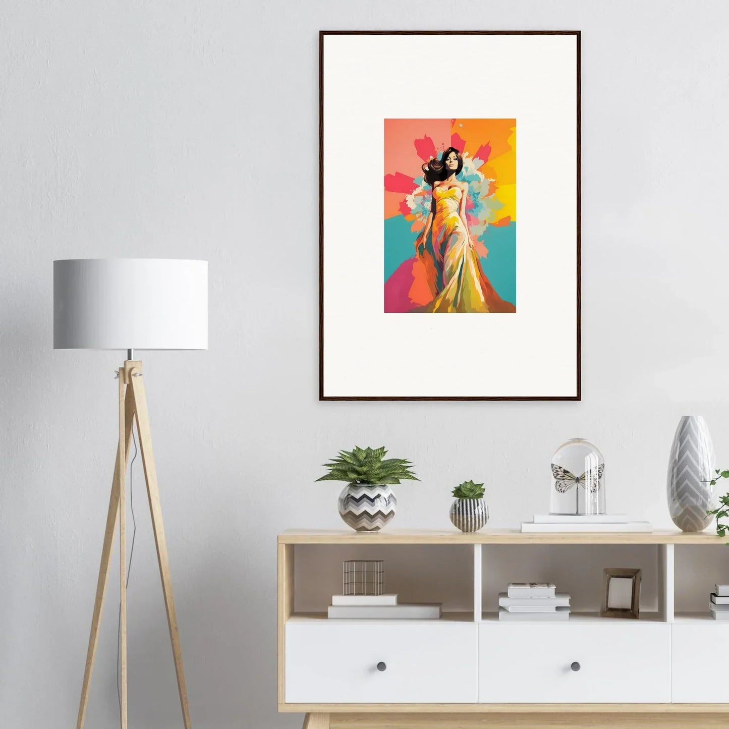 Framed wall art of Chromatic Evolutionary Reverie with vibrant figure in yellow dress