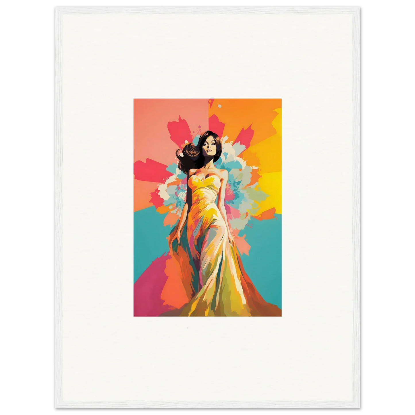 Colorful figure in yellow gown showcasing Chromatic Evolutionary Reverie art piece