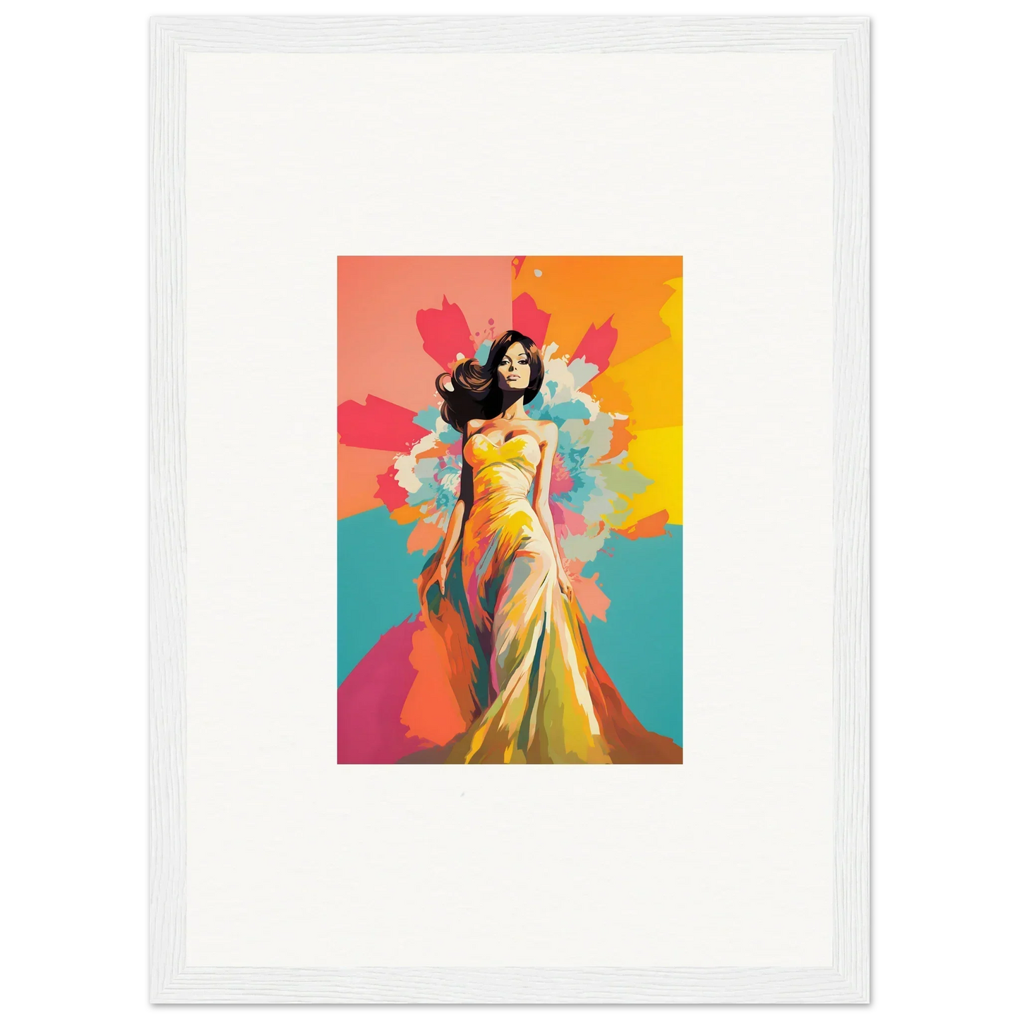 Colorful artistic portrait in yellow gown, Chromatic Evolutionary Reverie framed wall art