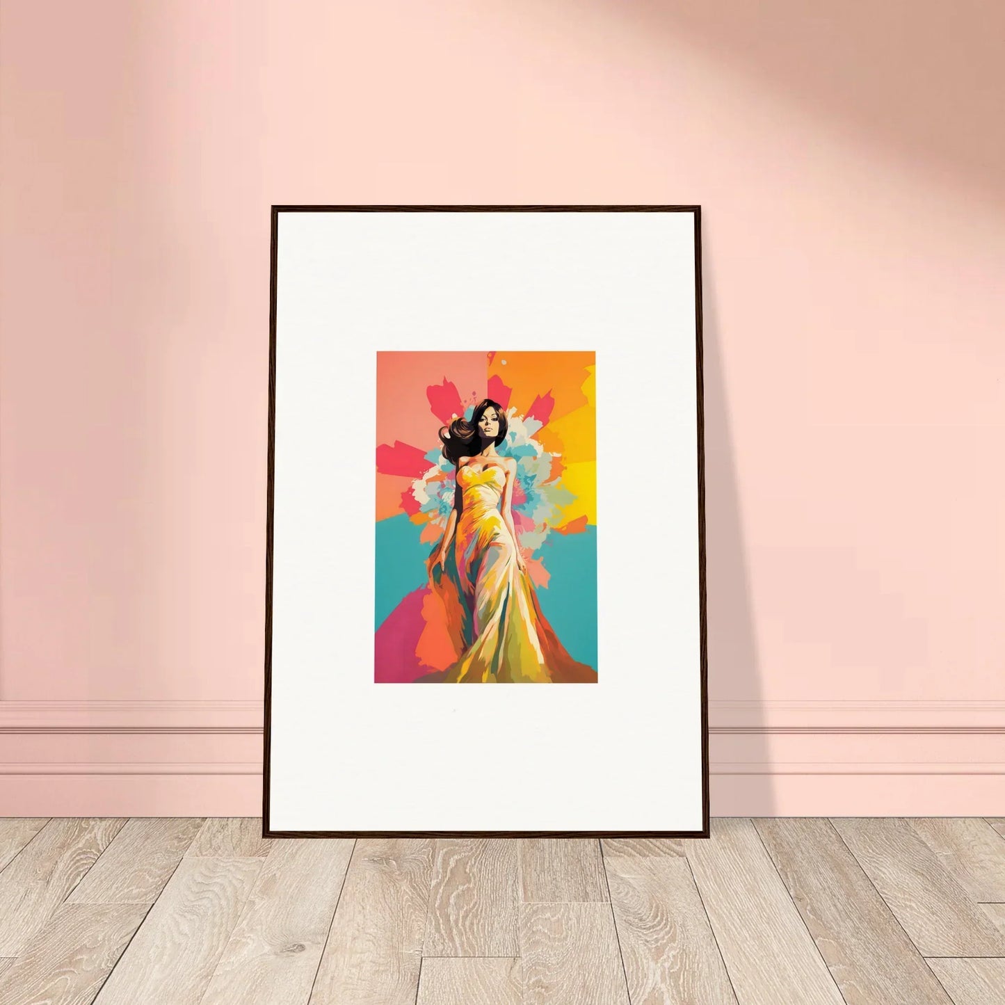 Framed wall art of a figure in a yellow sari, part of Chromatic Evolutionary Reverie