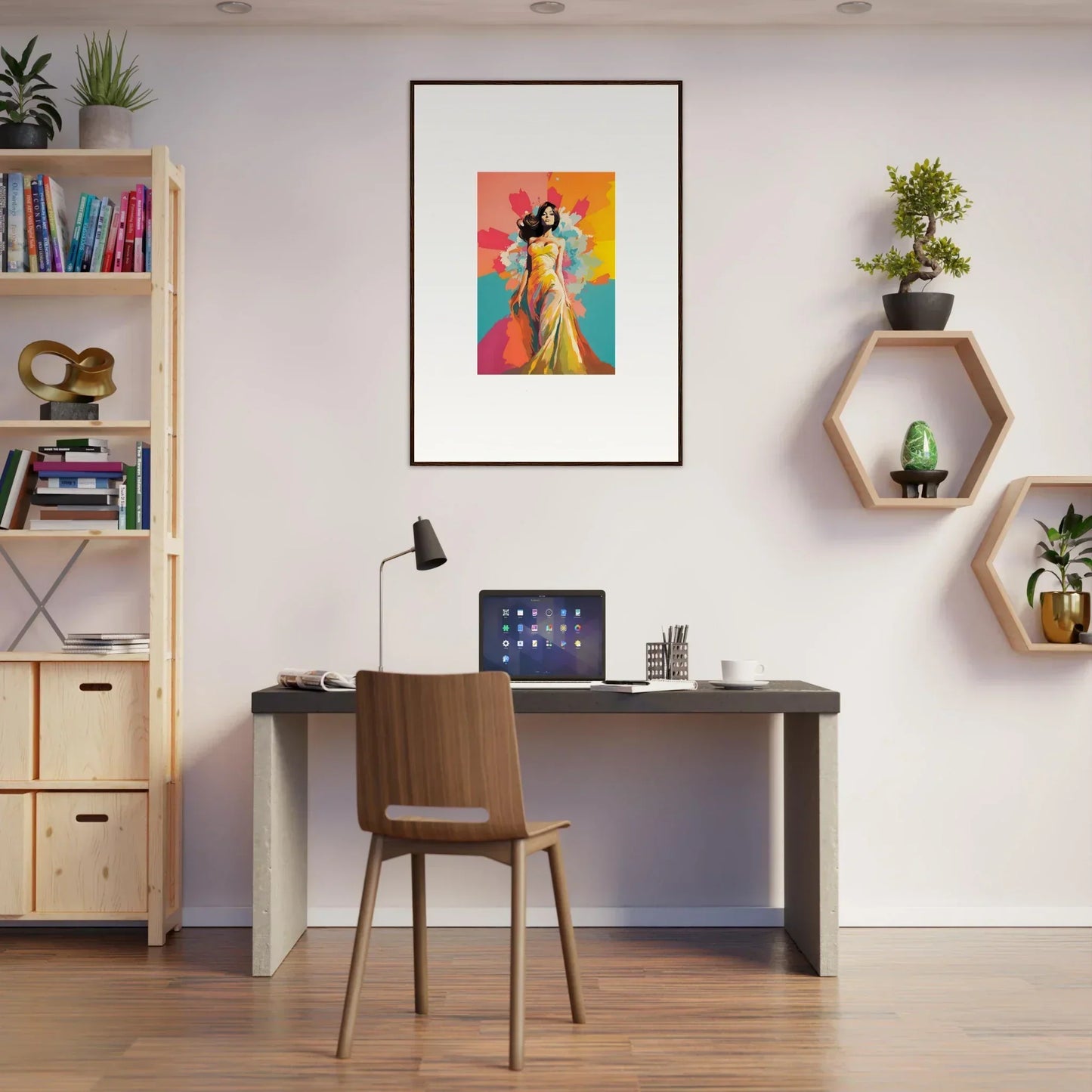 Modern home office with Chromatic Evolutionary Reverie framed wall art and stylish decor