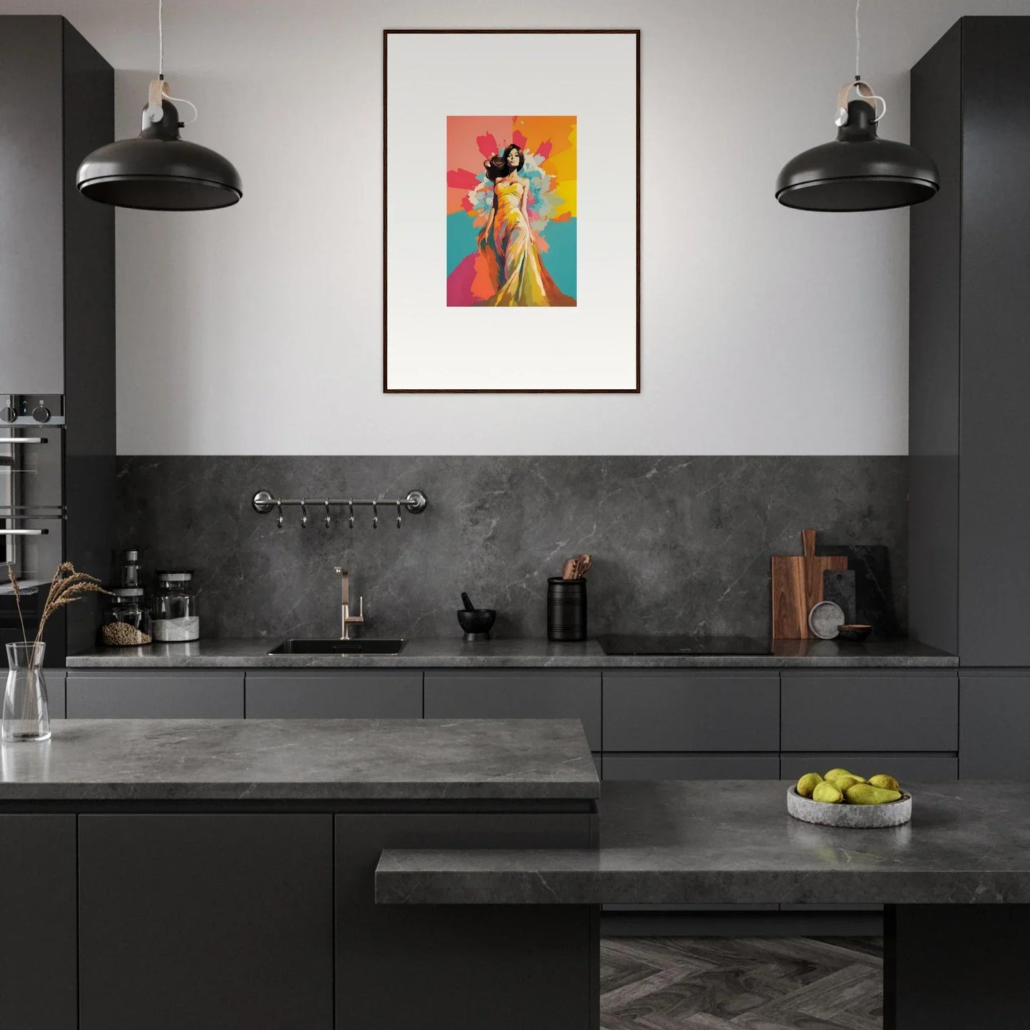 Modern dark gray kitchen featuring Chromatic Evolutionary Reverie framed wall art