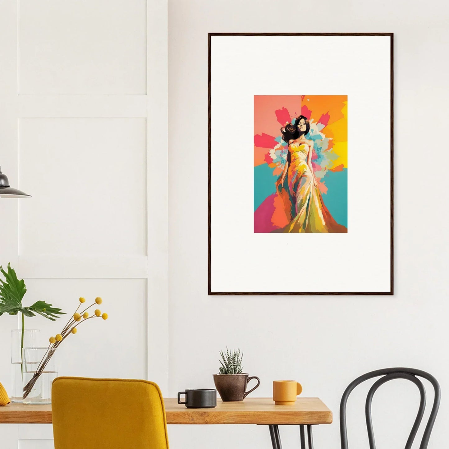 Framed wall art of Chromatic Evolutionary Reverie with vibrant flowing dress design