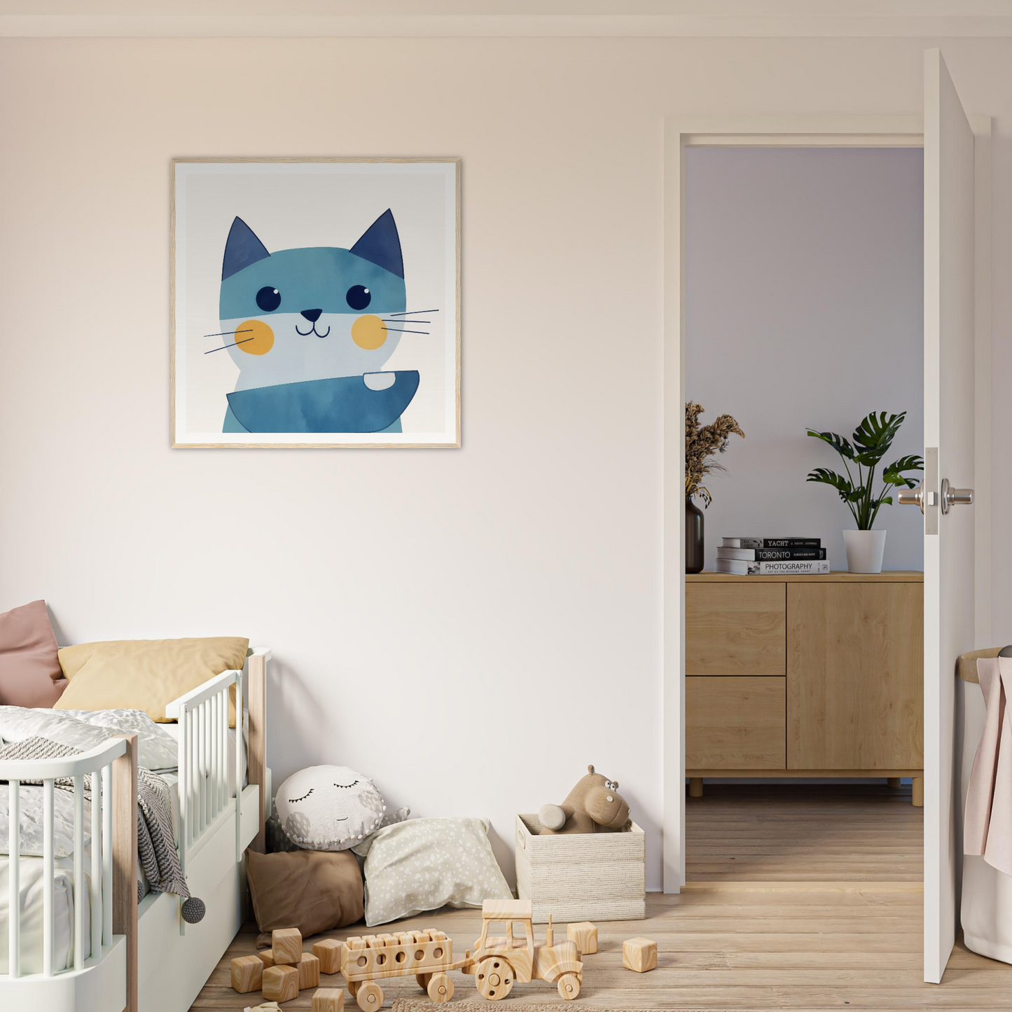 Cute cartoon cat with blue fur and whiskers in Chromatic Feline Gleam artwork