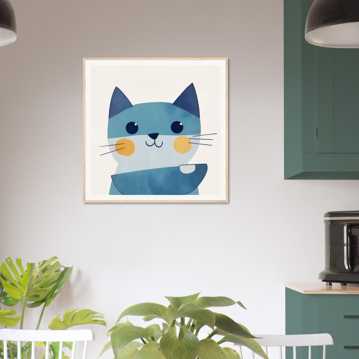 Framed cartoon of a blue cat with rosy cheeks for Chromatic Feline Gleam