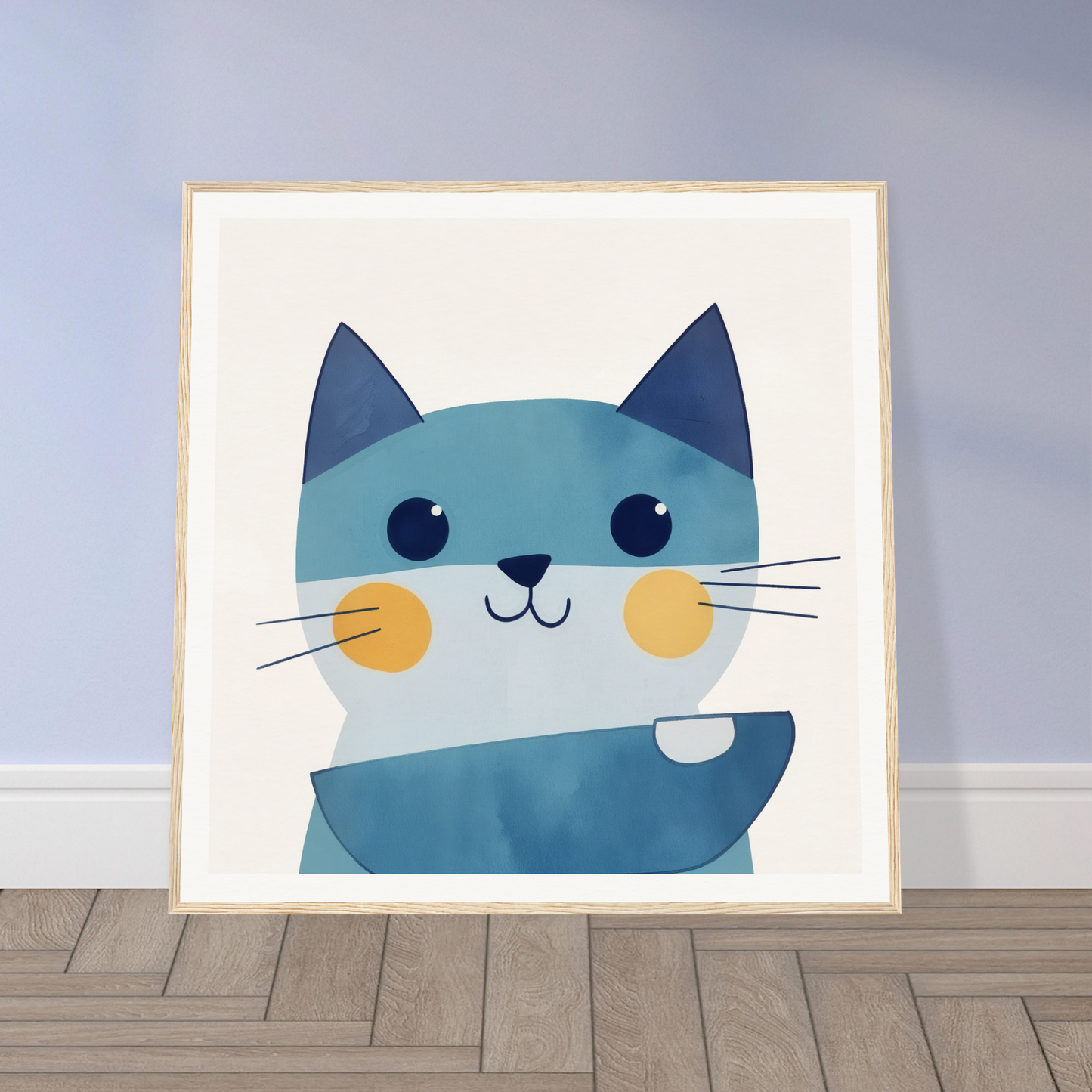 Cute cartoon cat with blue fur and orange cheeks in minimalist style, Chromatic Feline Gleam