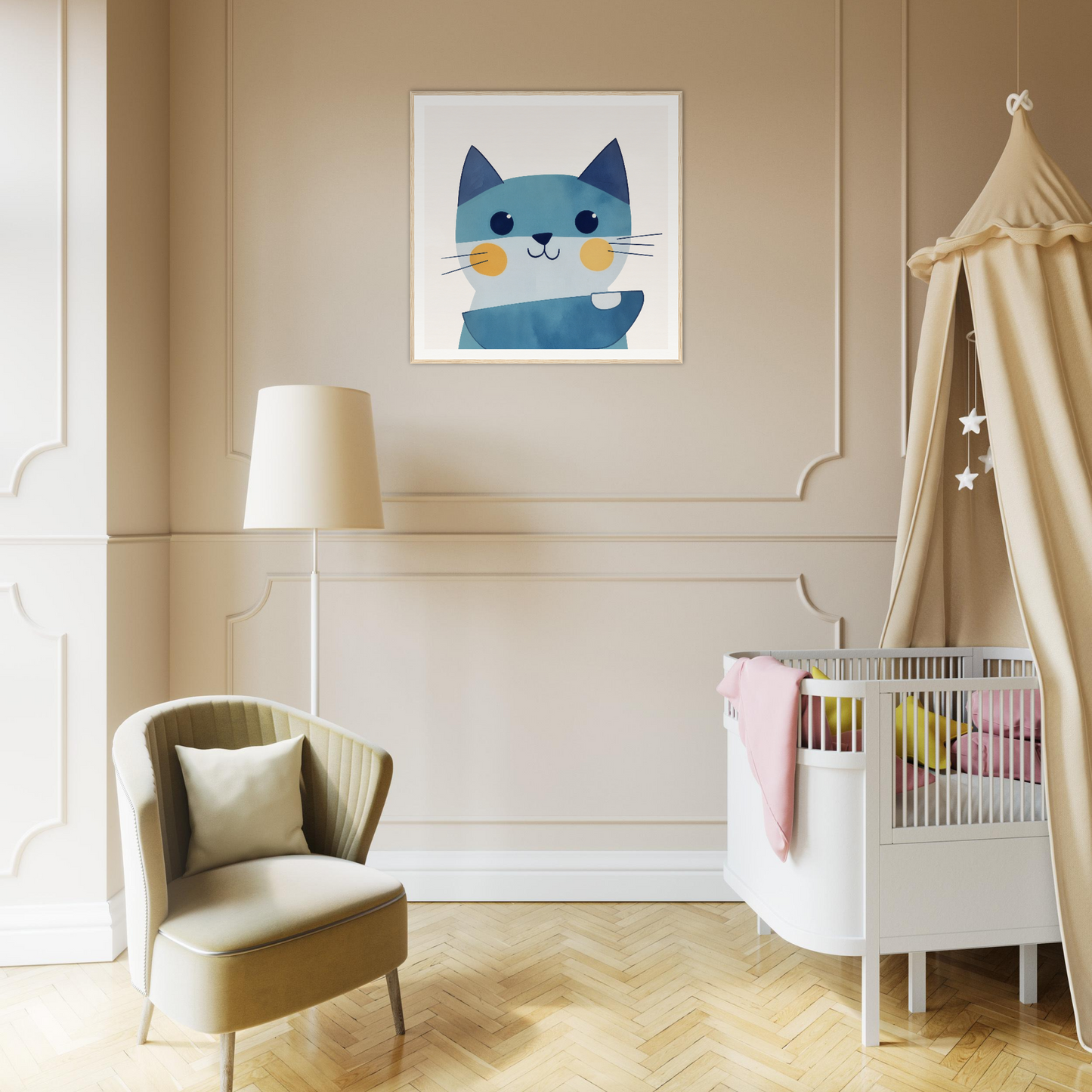 Cute cartoon cat artwork in blue watercolor style for Chromatic Feline Gleam