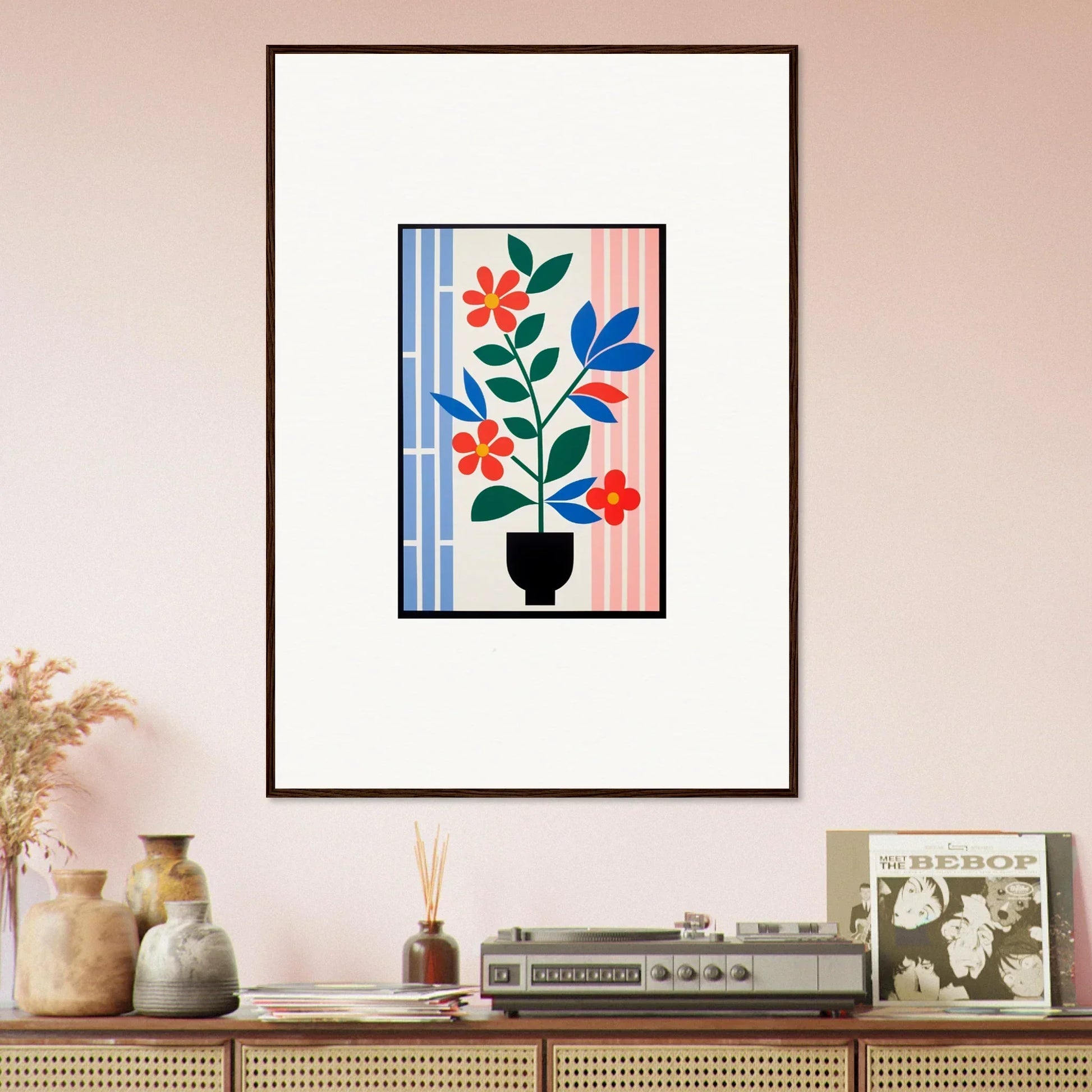 Framed wall art featuring a colorful floral arrangement, ideal for room decor
