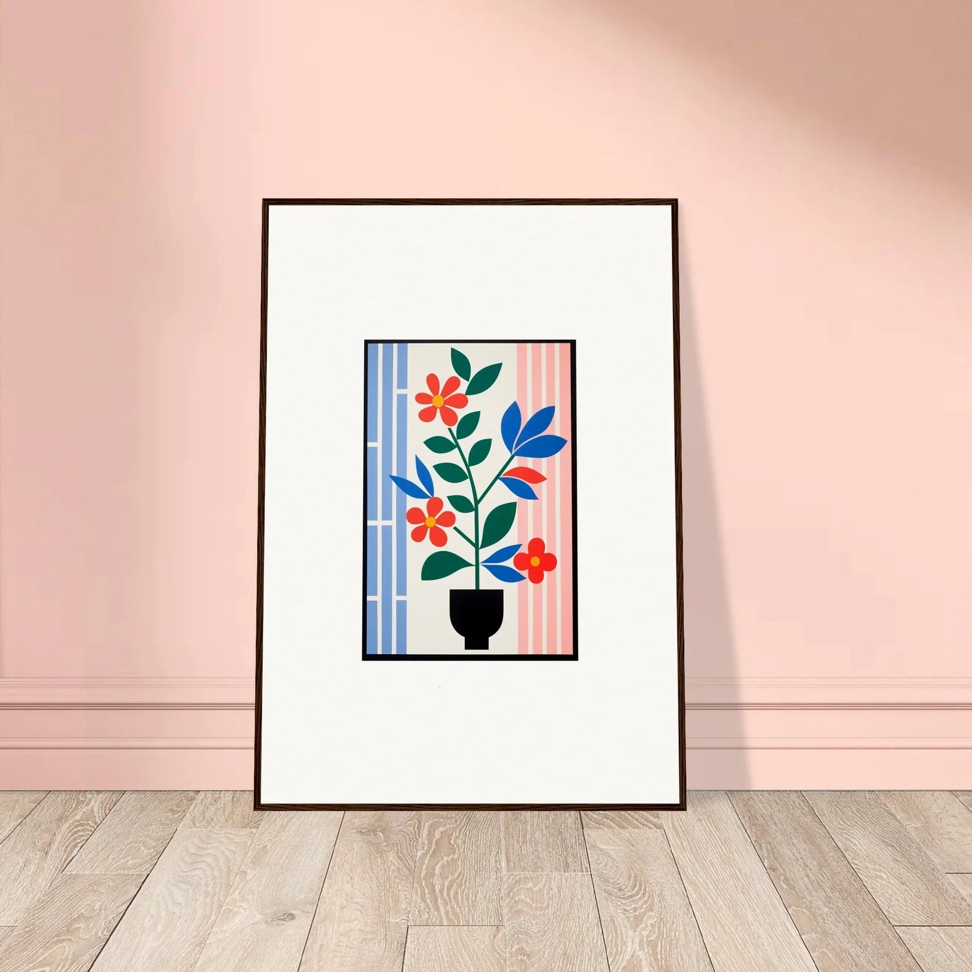 Framed wall art of Chromatic Flora Enigma with vibrant potted plants for room decor