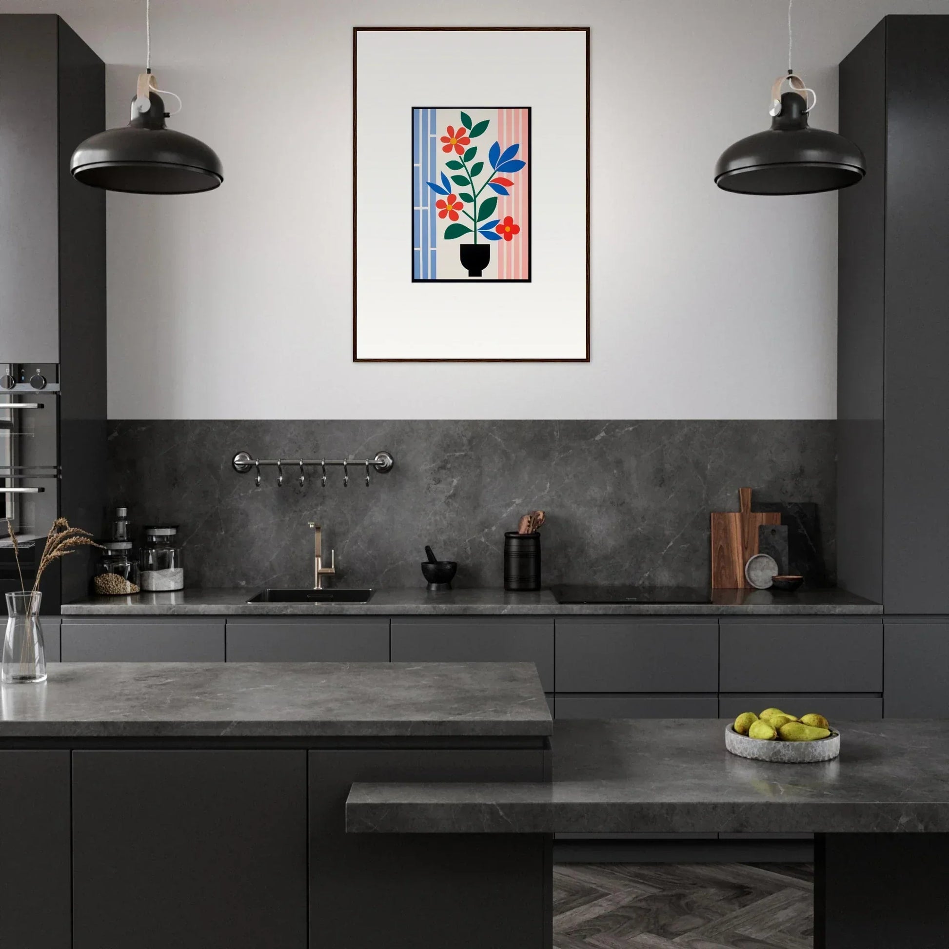 Modern kitchen featuring dark cabinetry and Flora Enigma framed wall art for vibrant room decor