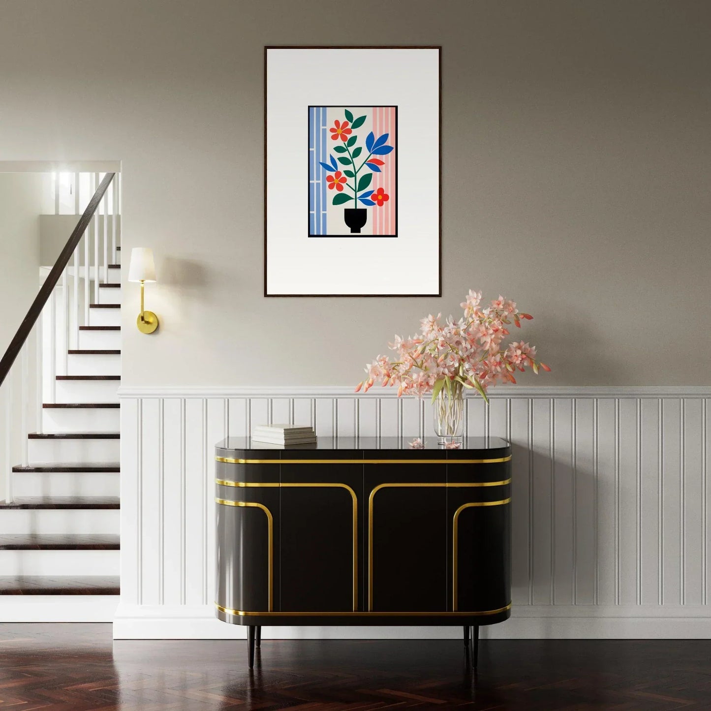 Framed wall art of colorful flora enigma in a geometric background for room decor