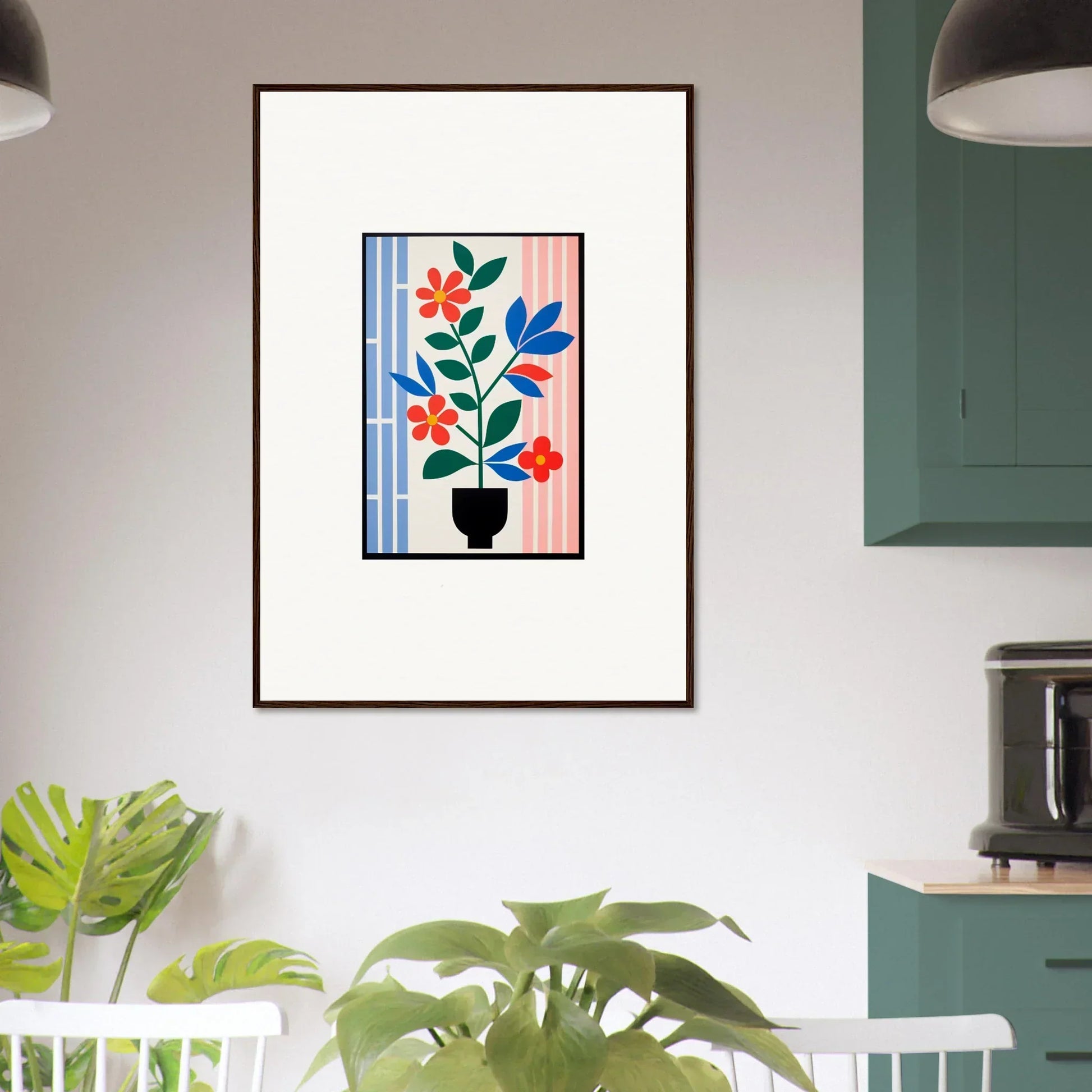 Framed wall art of colorful flora enigma plant in black pot for vibrant room decor