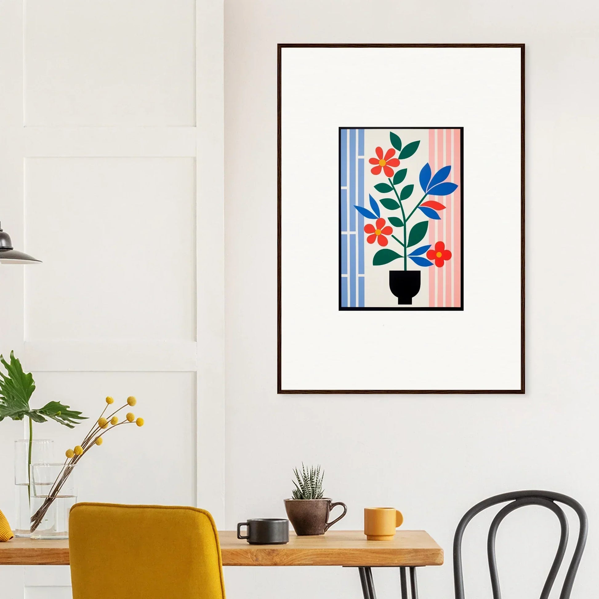 Framed wall art of Chromatic Flora Enigma with colorful plant and striped background