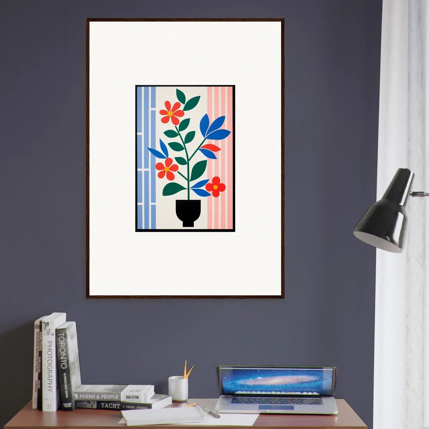 Framed wall art of Chromatic Flora Enigma with colorful flowers and leaves for room decor