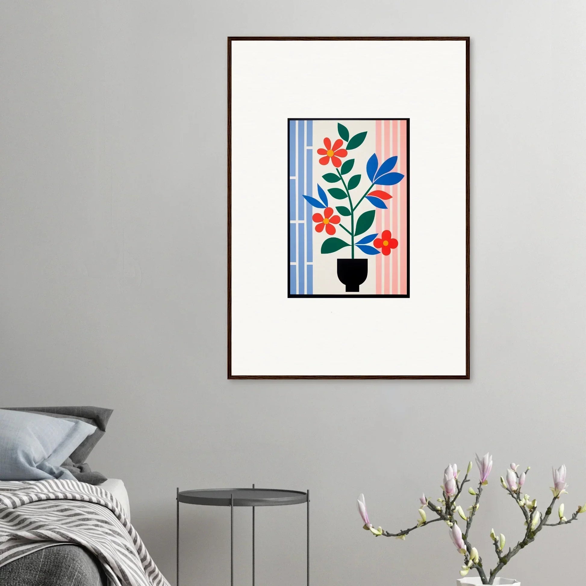 Framed wall art featuring colorful flora enigma with potted plant and vibrant flowers