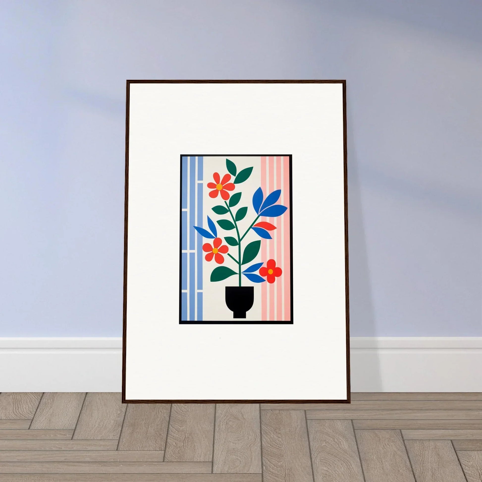 Framed wall art of colorful flowers in a potted plant for vibrant room decor