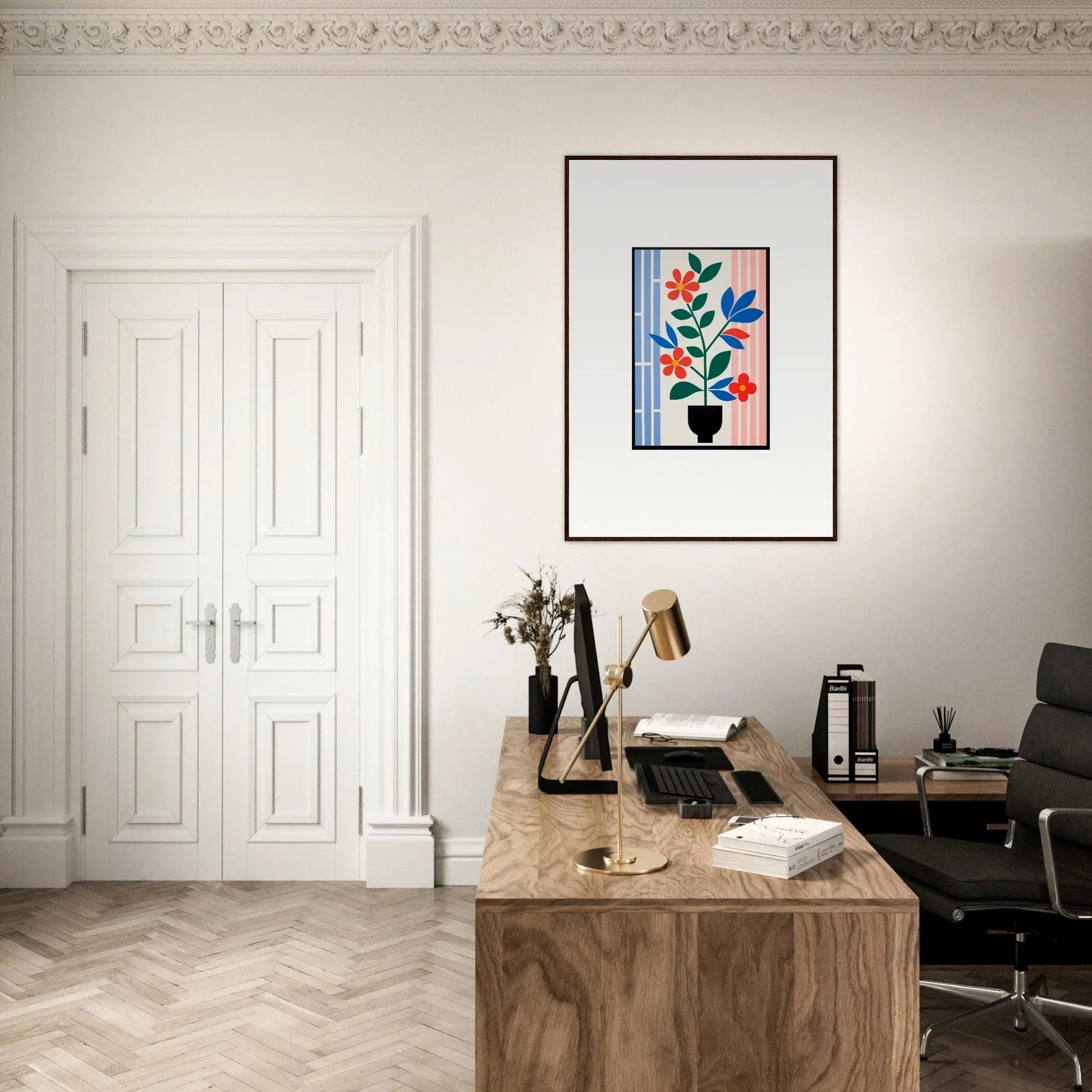 Wooden desk with typewriter and books in a minimalist workspace for Flora Enigma room decor