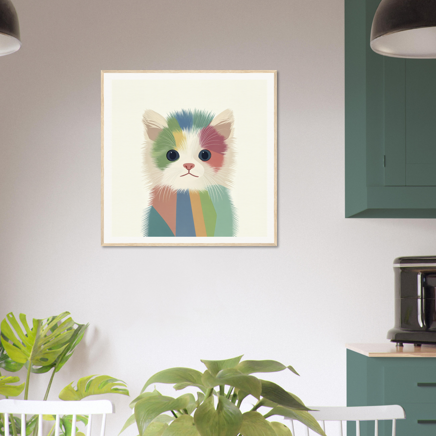 Colorful watercolor painting of a chromatic kitten in a striped scarf for special edition art™