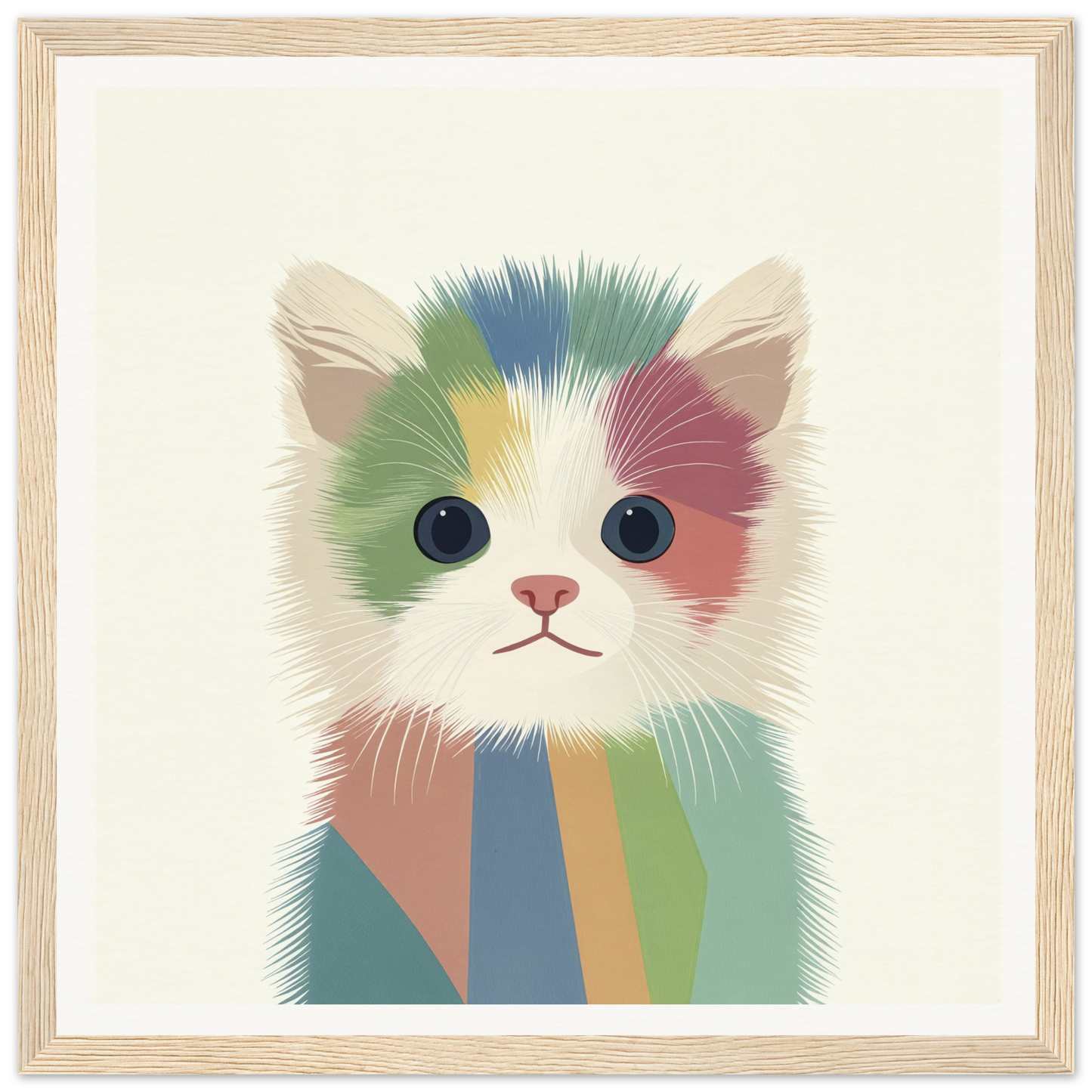 Colorful illustration of a chromatic kitten with blue eyes in a special edition art™ style